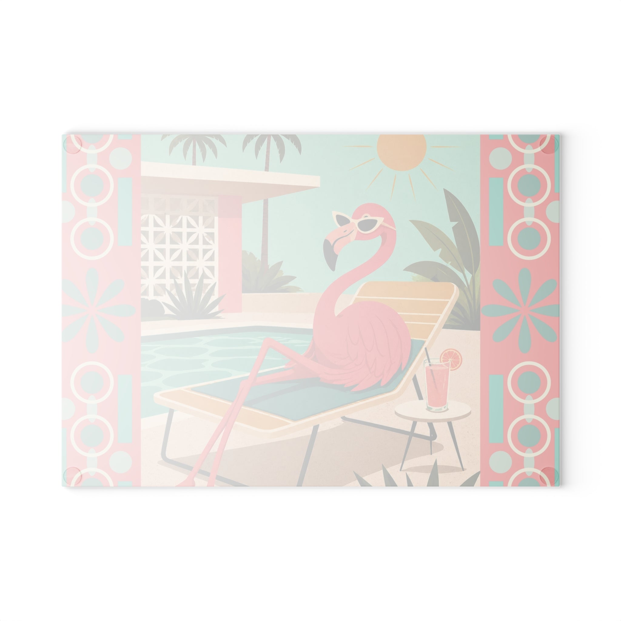 Retro Flamingo Poolside Glass Cutting Board | Mid Century Tropical Art