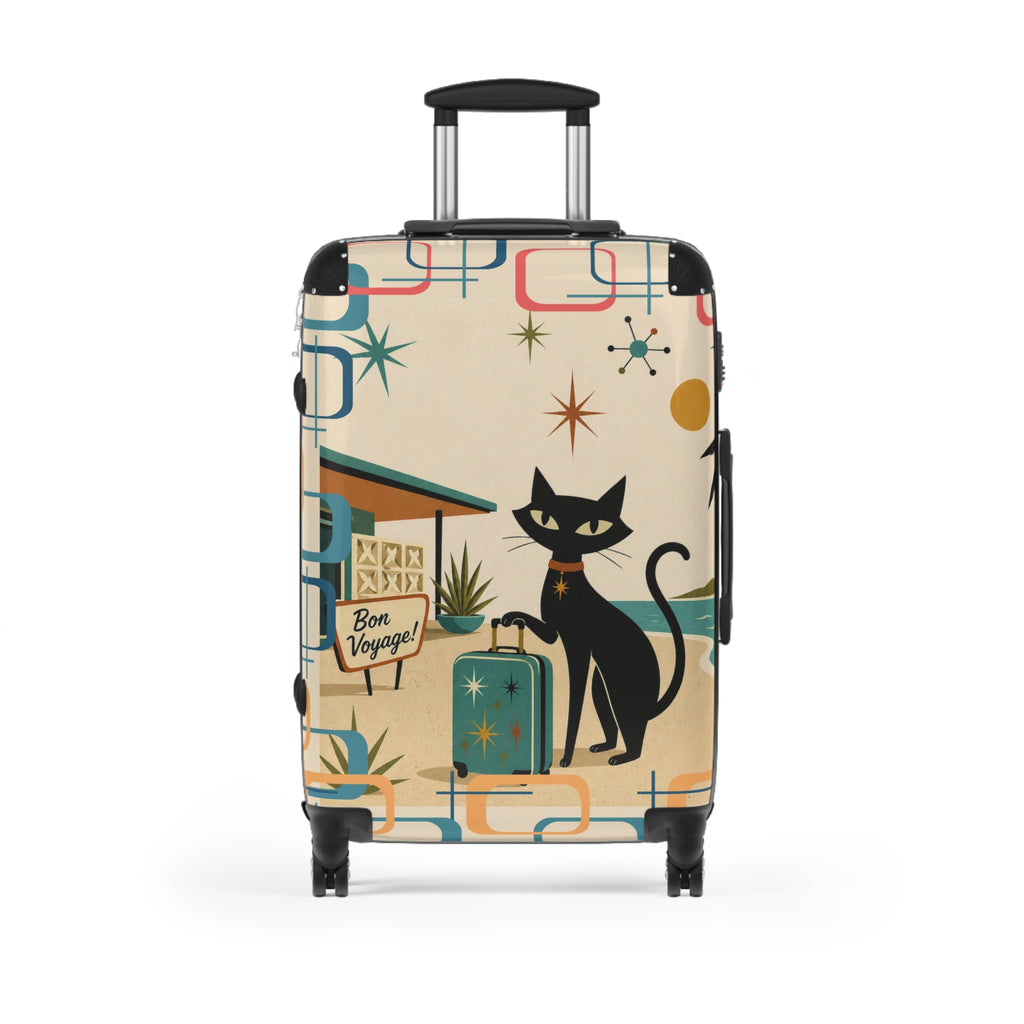 Retro Black Atomic Cat Beach Suitcase | Mid Century Travel Luggage