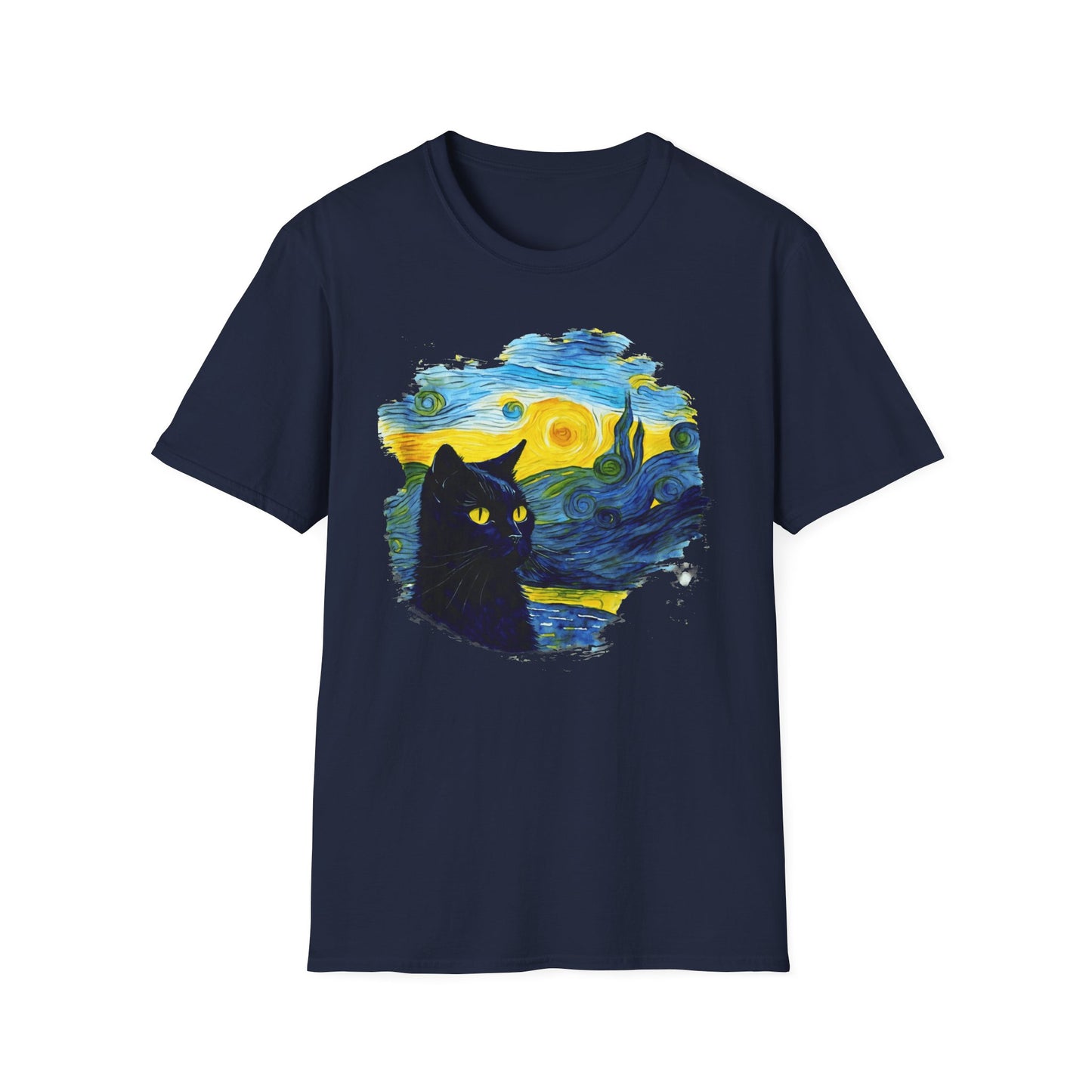 Cute black Cat with Van Gogh inspired Unisex Softstyle T-Shirt