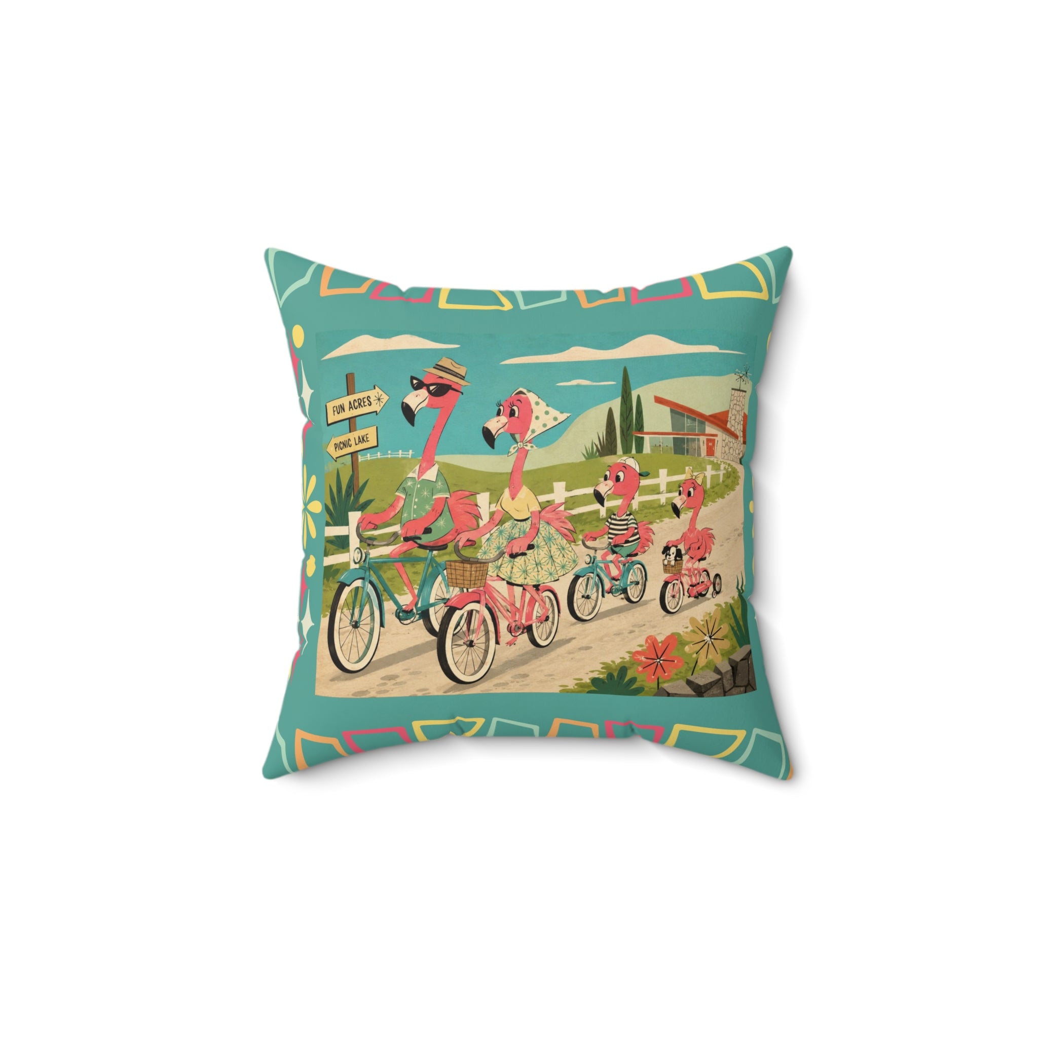 MCM Flamingo Family Biking Spun Polyester Pillow | Retro Tropical Bicycle Scene
