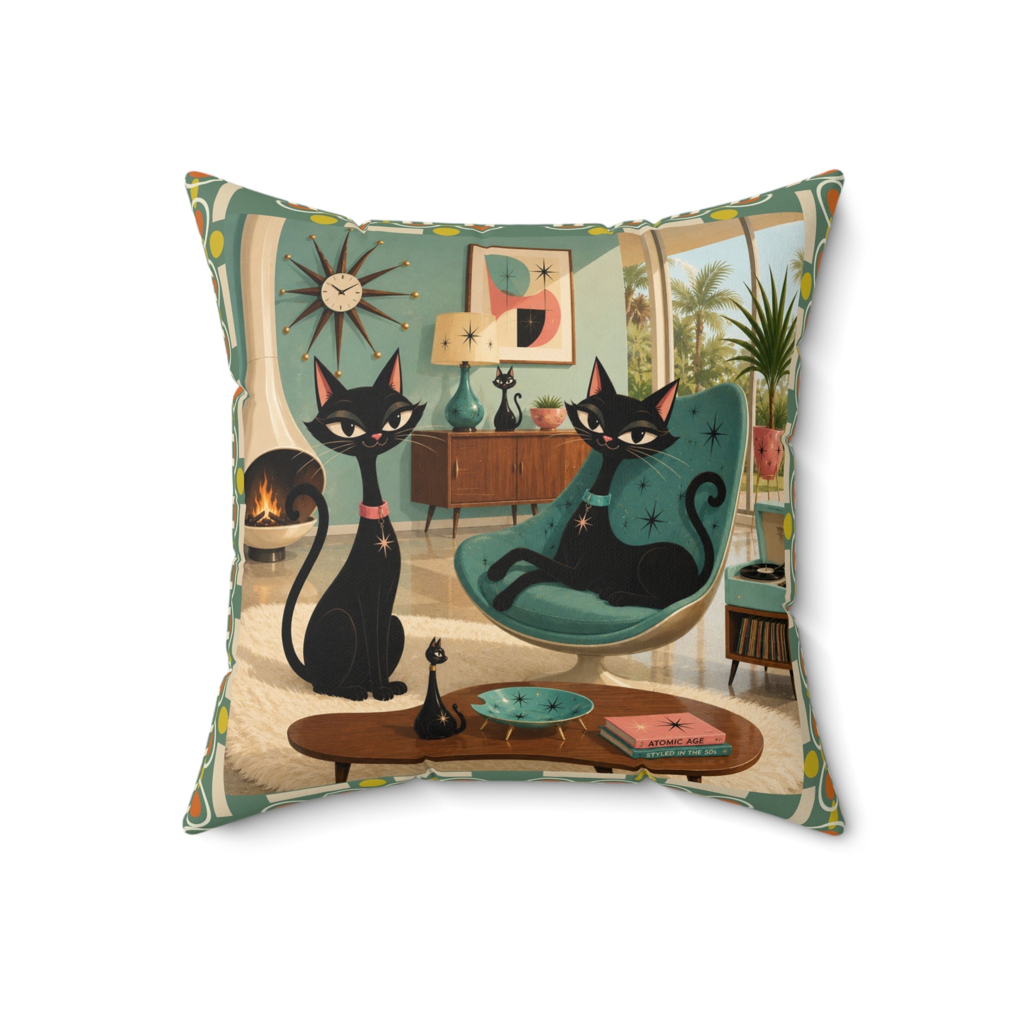 Mid Century Atomic Black Cats Pillow | Retro Living Room Cat Illustration