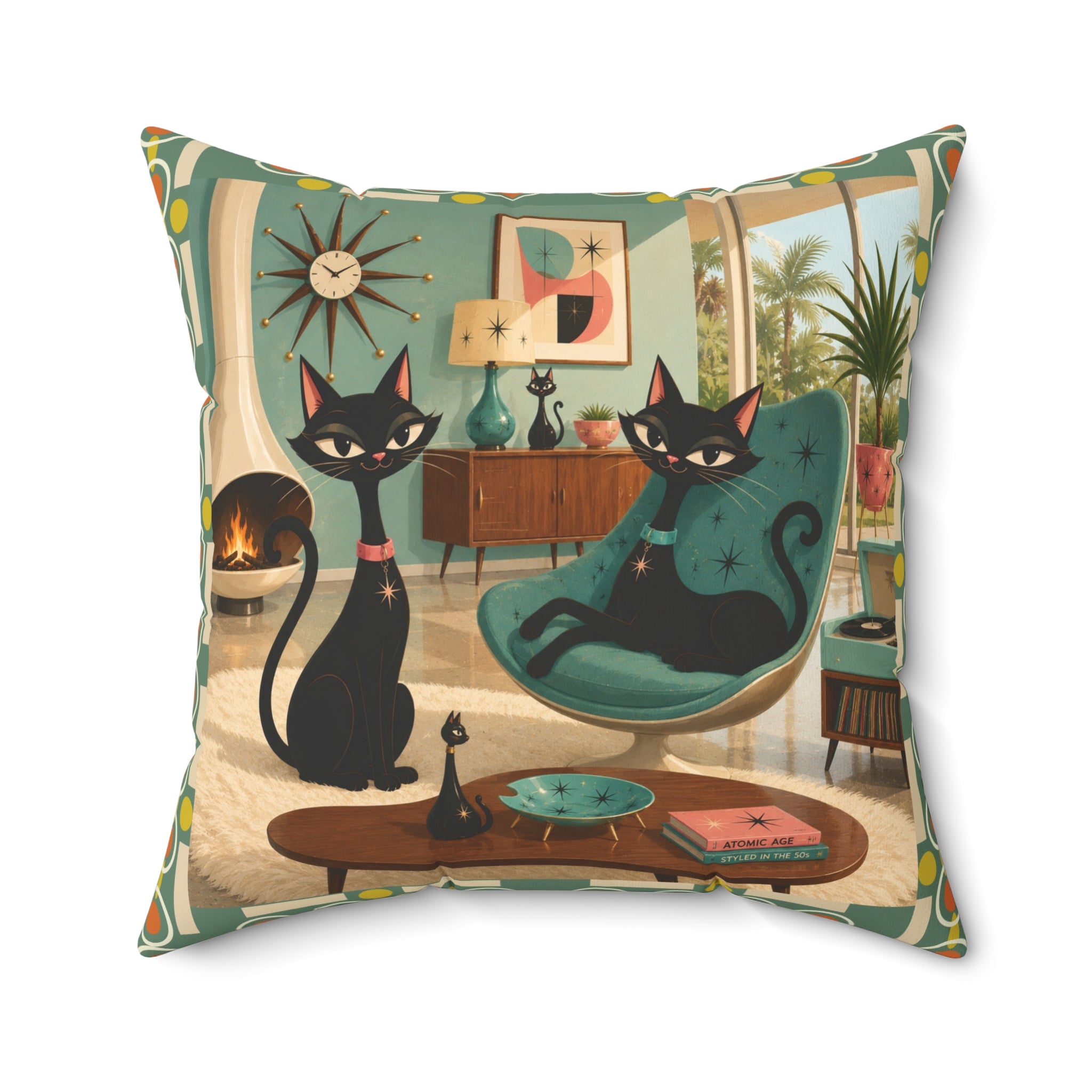 Mid Century Atomic Black Cats Pillow | Retro Living Room Cat Illustration