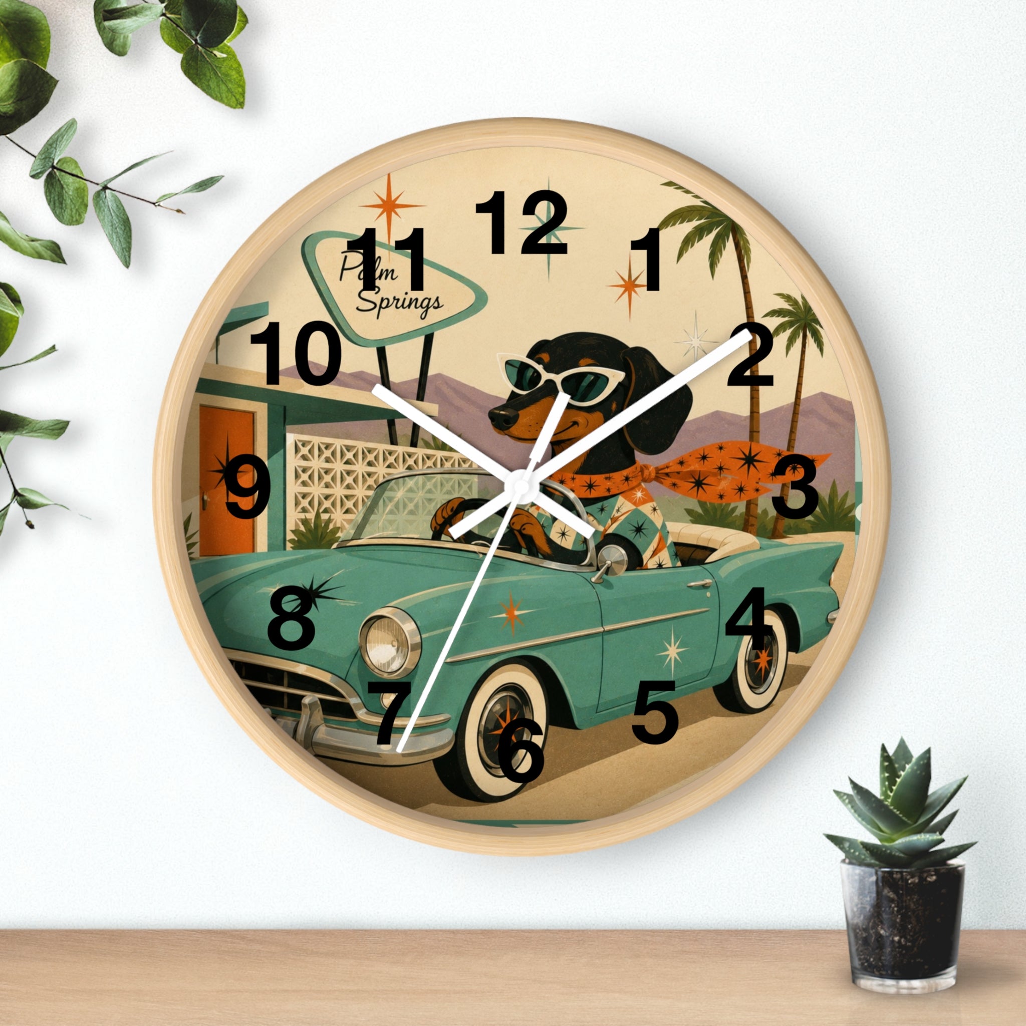 Dachshund Retro Roadtrip Wall Clock | Mid-Century Palm Springs Art