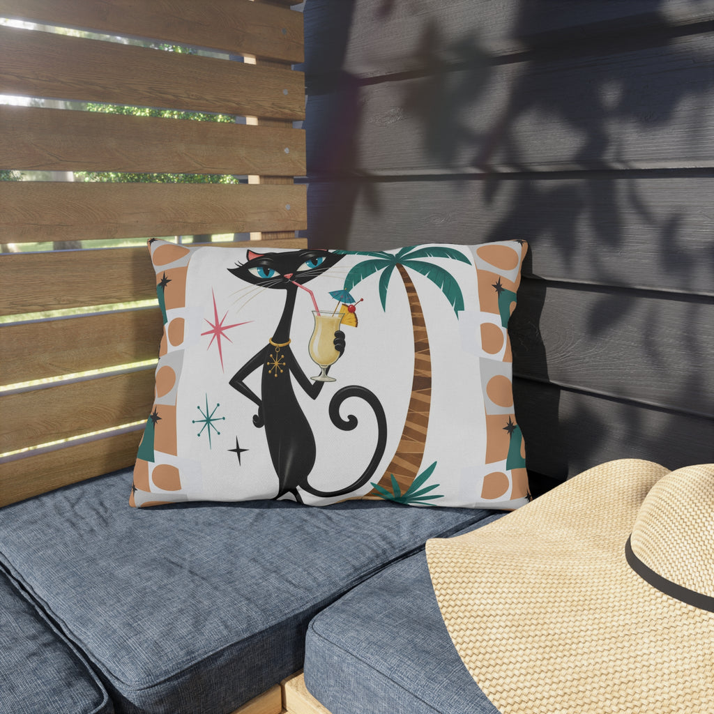 Retro Atomic Black Cat Tiki Outdoor Pillow | Palm Tree Cocktail Cushion