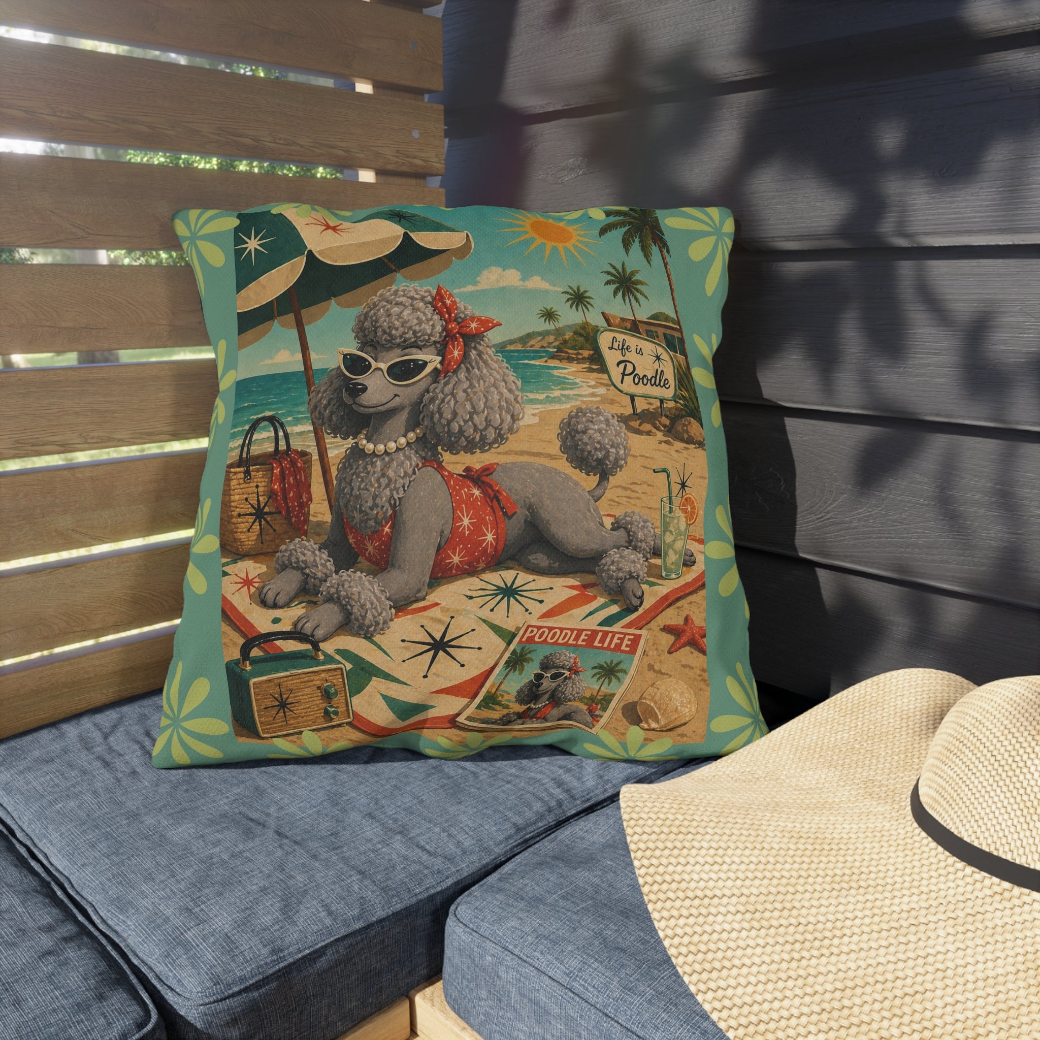 Retro Beach Poodle Outdoor Pillow | Vintage MCM Pinup Dog Tropical Scene