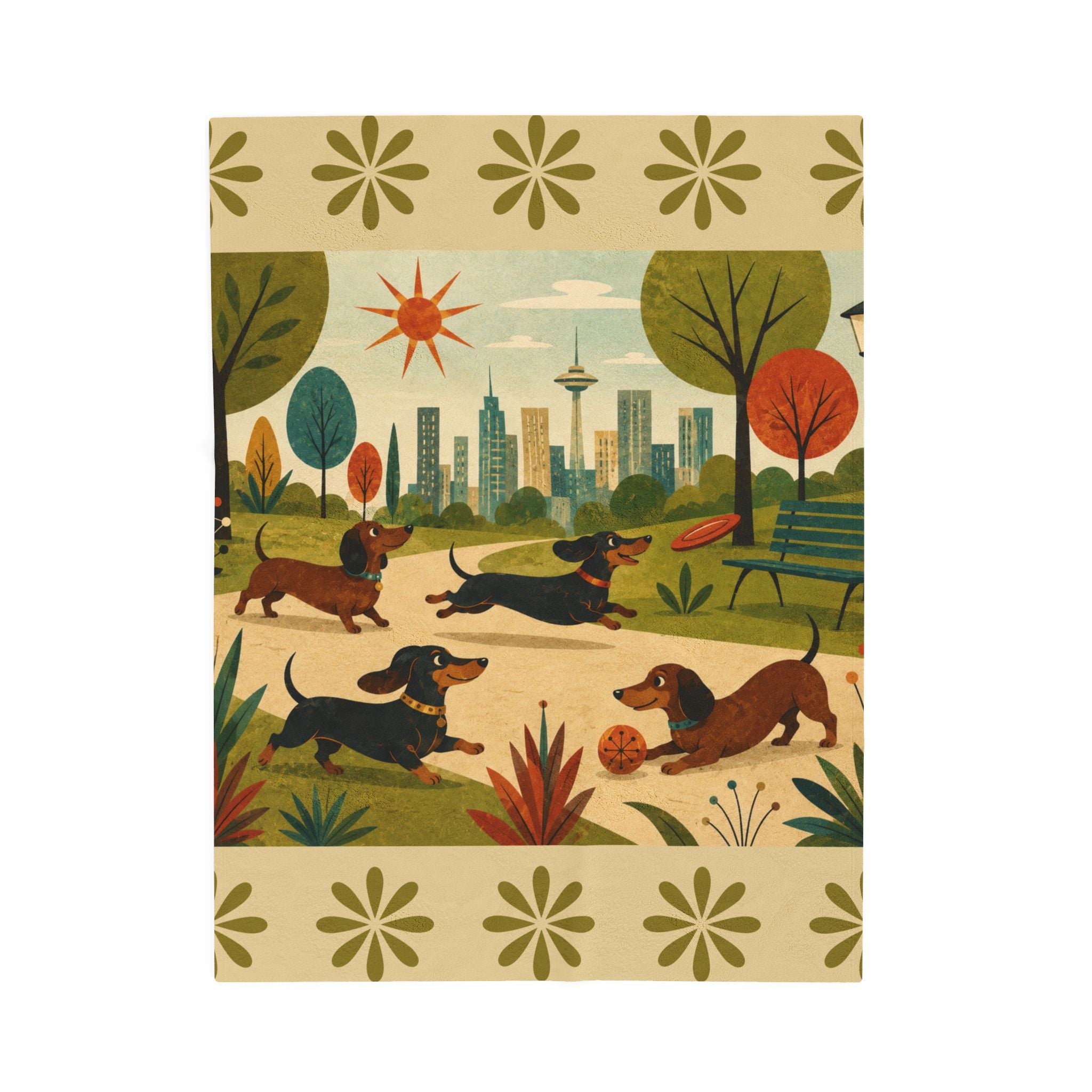 MCM Dachshund Park Scene Velveteen Plush Blanket | Retro City Park Dogs