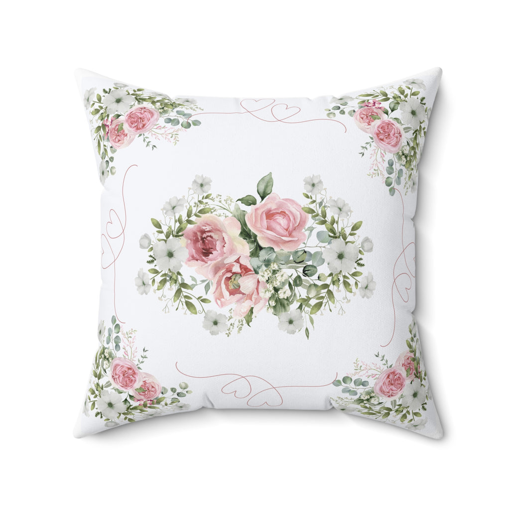 Pink Peony rose love heart Spun Polyester Square Pillow, Shabby chic style, Farmhouse decor, floral scatter cushion