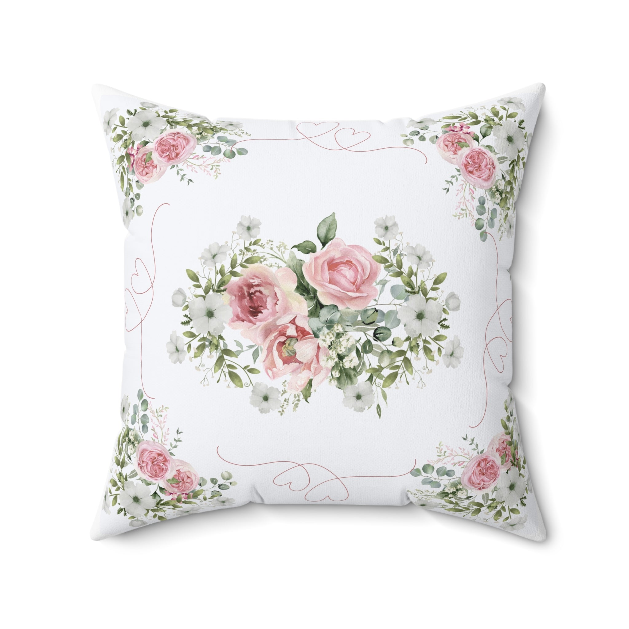 Pink Peony rose love heart Spun Polyester Square Pillow, Shabby chic style, Farmhouse decor, floral scatter cushion