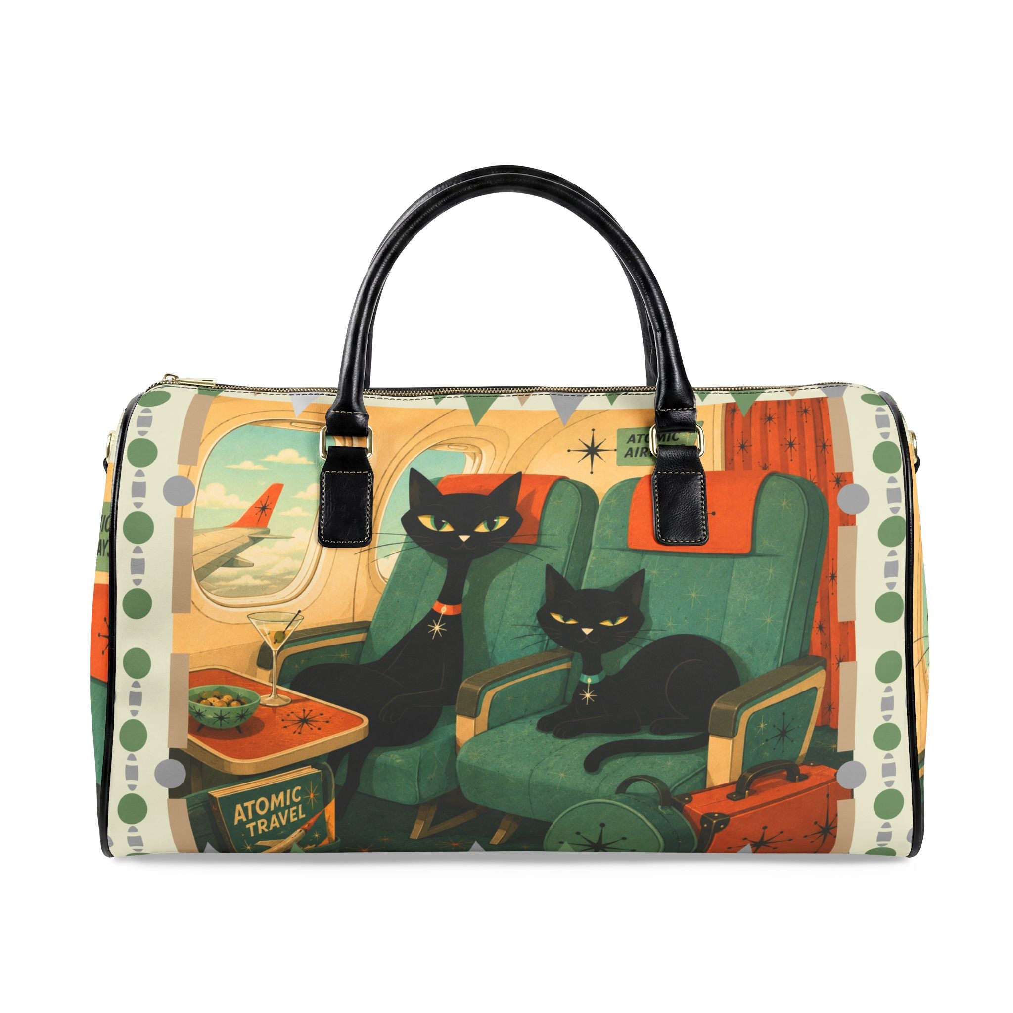 Retro Atomic Black Cats Travel Bag | Faux Leather Duffle, Mid Century Plane Scene