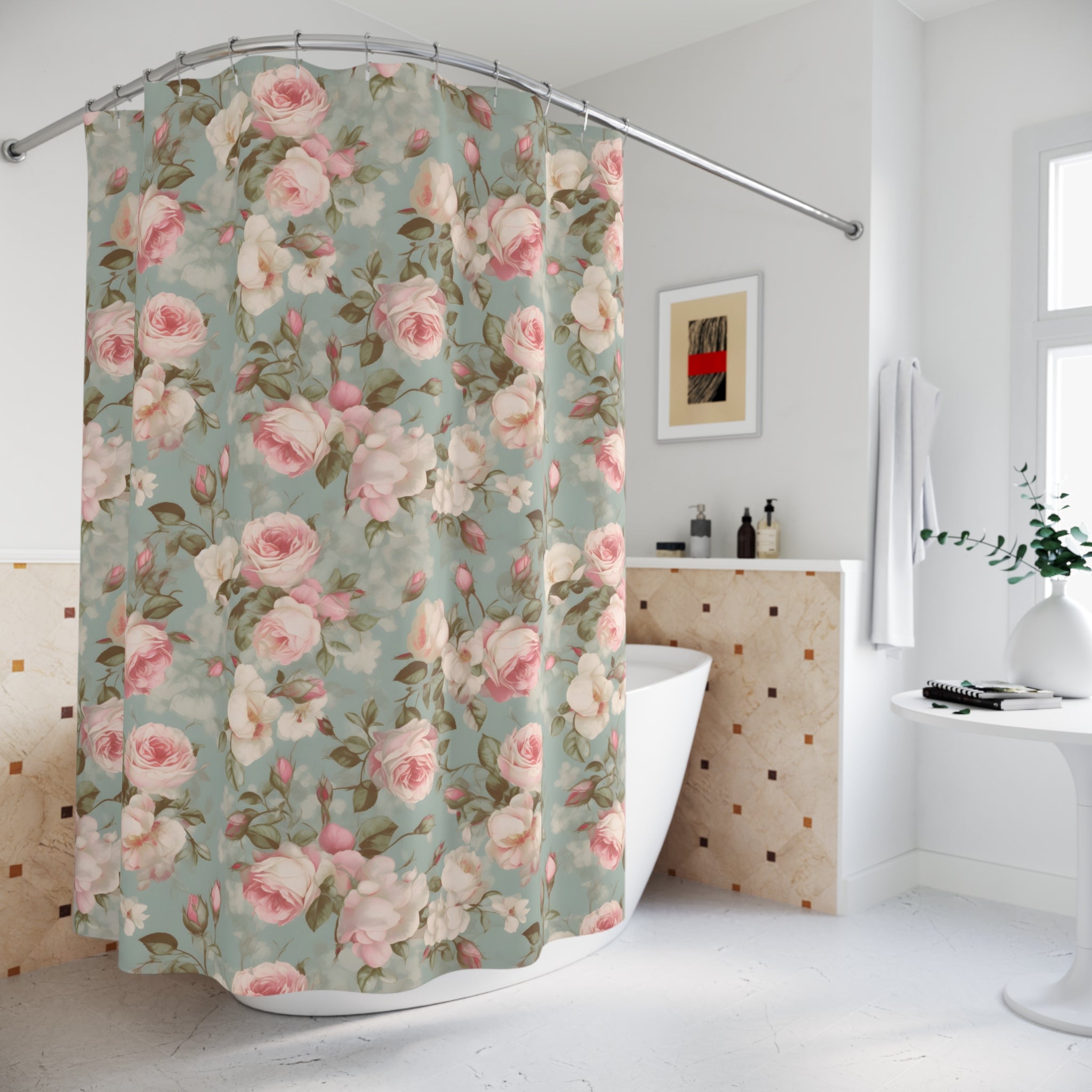 Dusky pink roses and grey shabby chic shower curtain, vintage bath decor, cottage garden, cute floral shower curtains, flower curtains