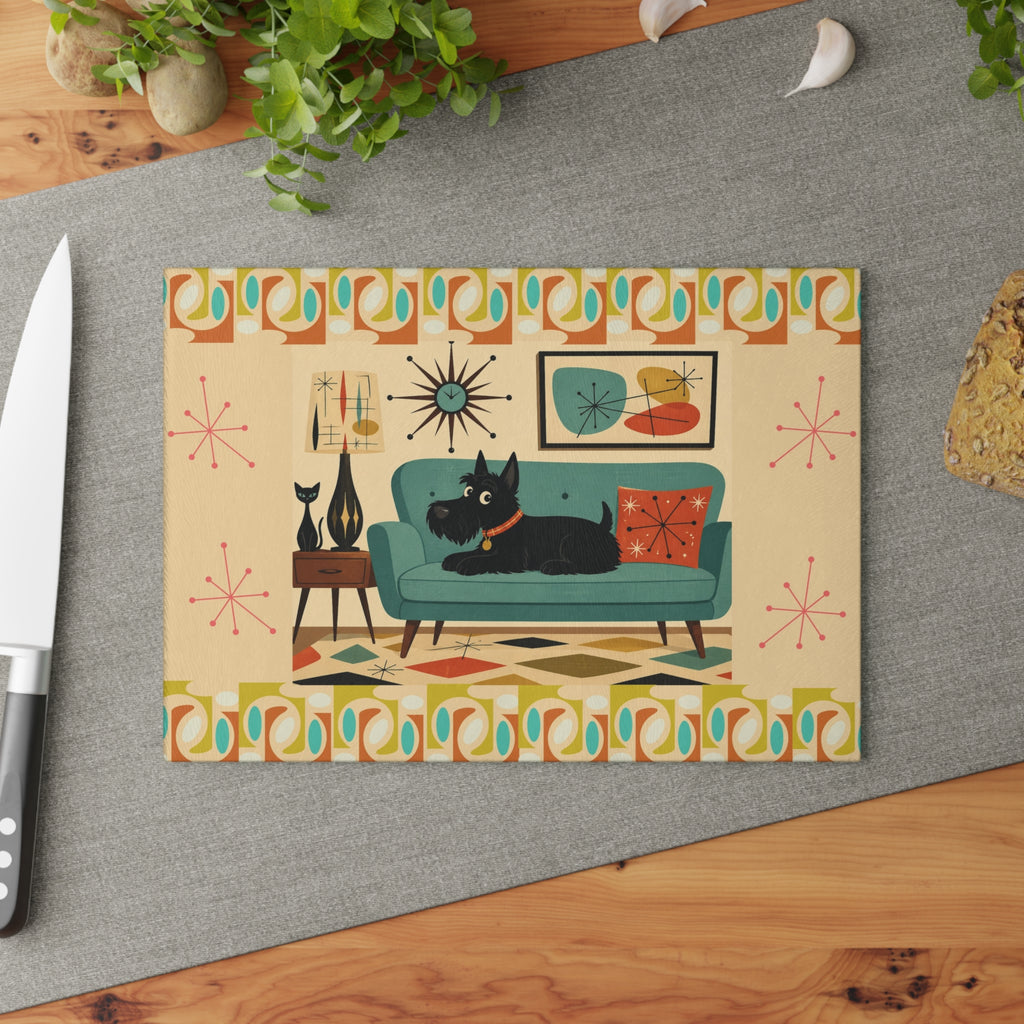 Mid Century Living Room Scotty Dog Glass Cutting Board | Retro Atomic Art