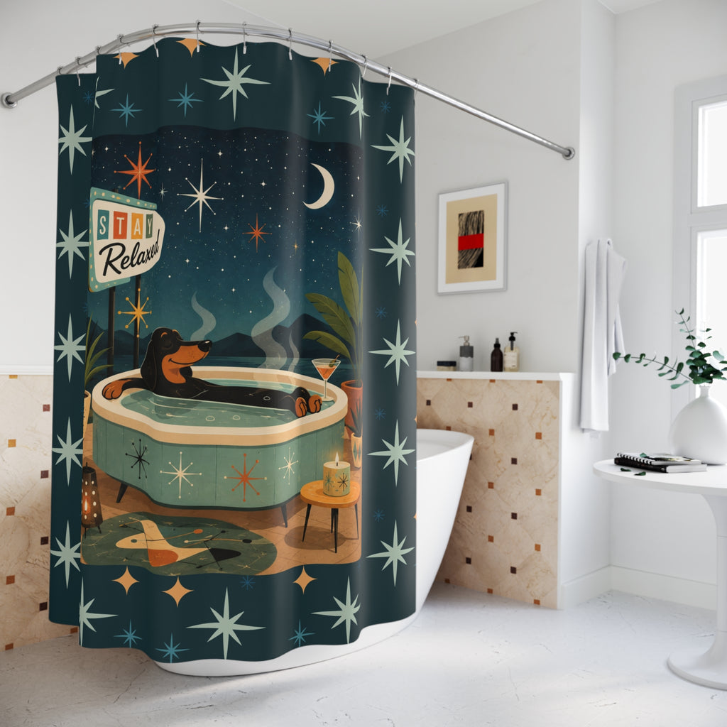 MCM Dachshund Stay Relaxed Retro Bath Scene Shower Curtain | Mid Century Night Soak