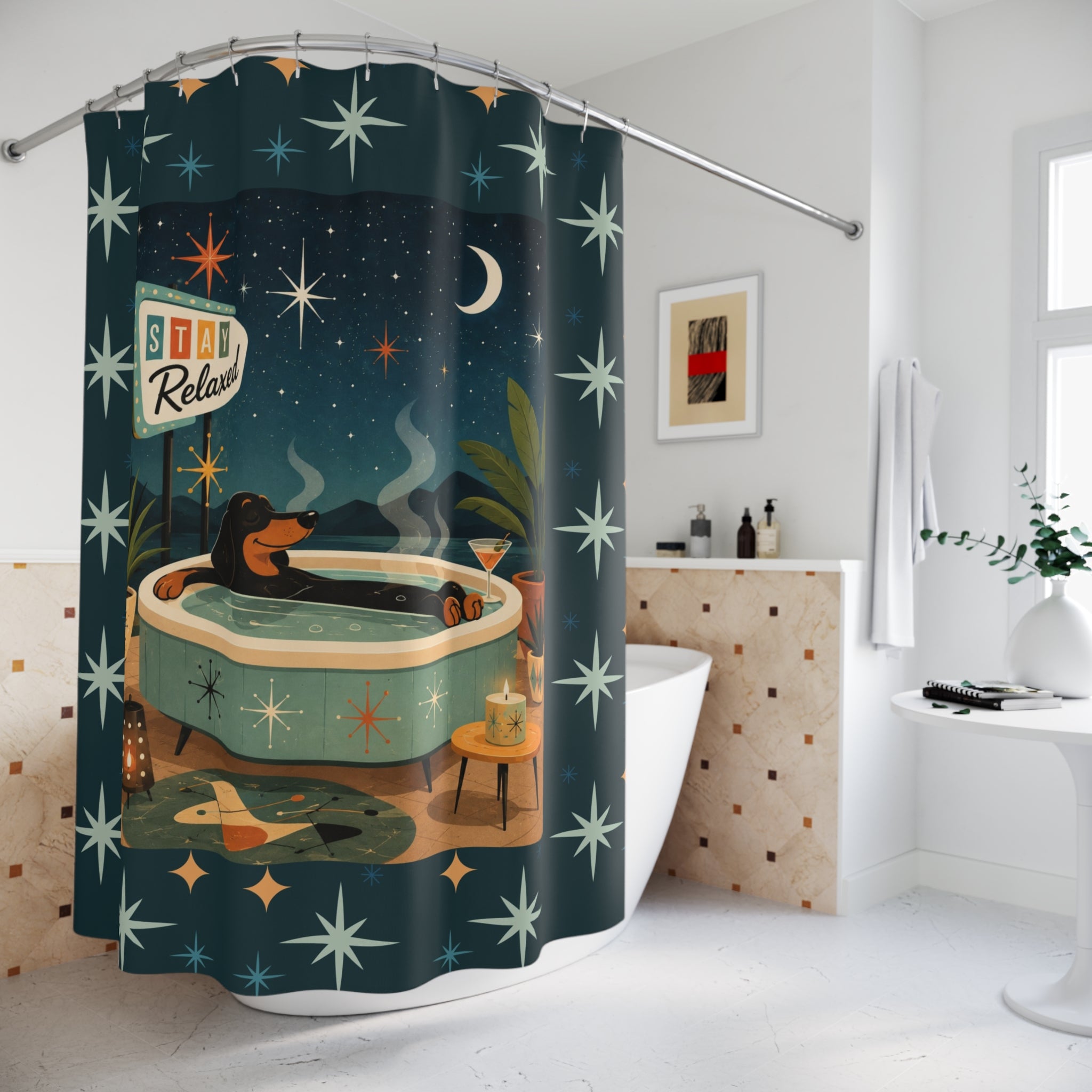 MCM Dachshund Stay Relaxed Retro Bath Scene Shower Curtain | Mid Century Night Soak