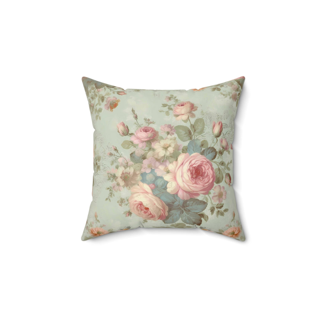 Pink roses mid tone background (blue, grey, green) shabby chic style Spun Polyester Square Pillow