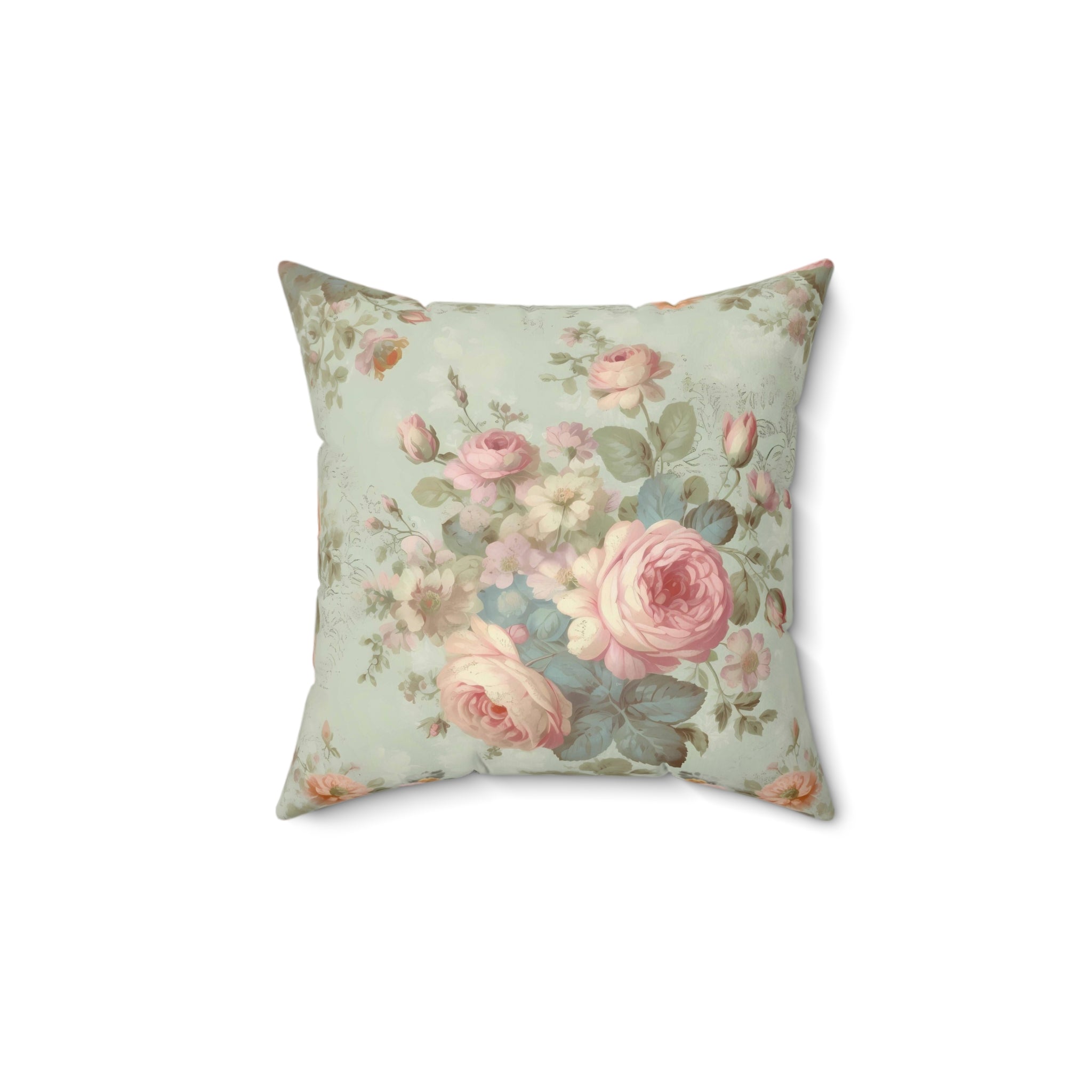 Pink roses mid tone background (blue, grey, green) shabby chic style Spun Polyester Square Pillow