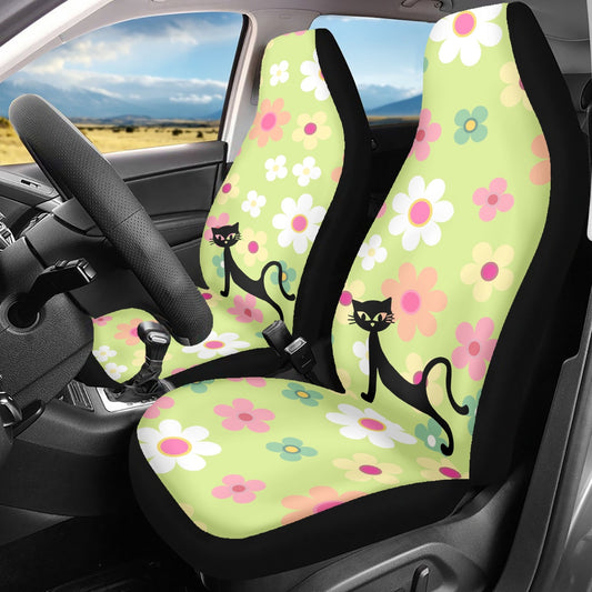 Atomic cat floral Microfiber Car Seat Covers - 3Pcs, MCM seat covers, Mid Century Modern, black cat lover, new car gift, retro seat covers