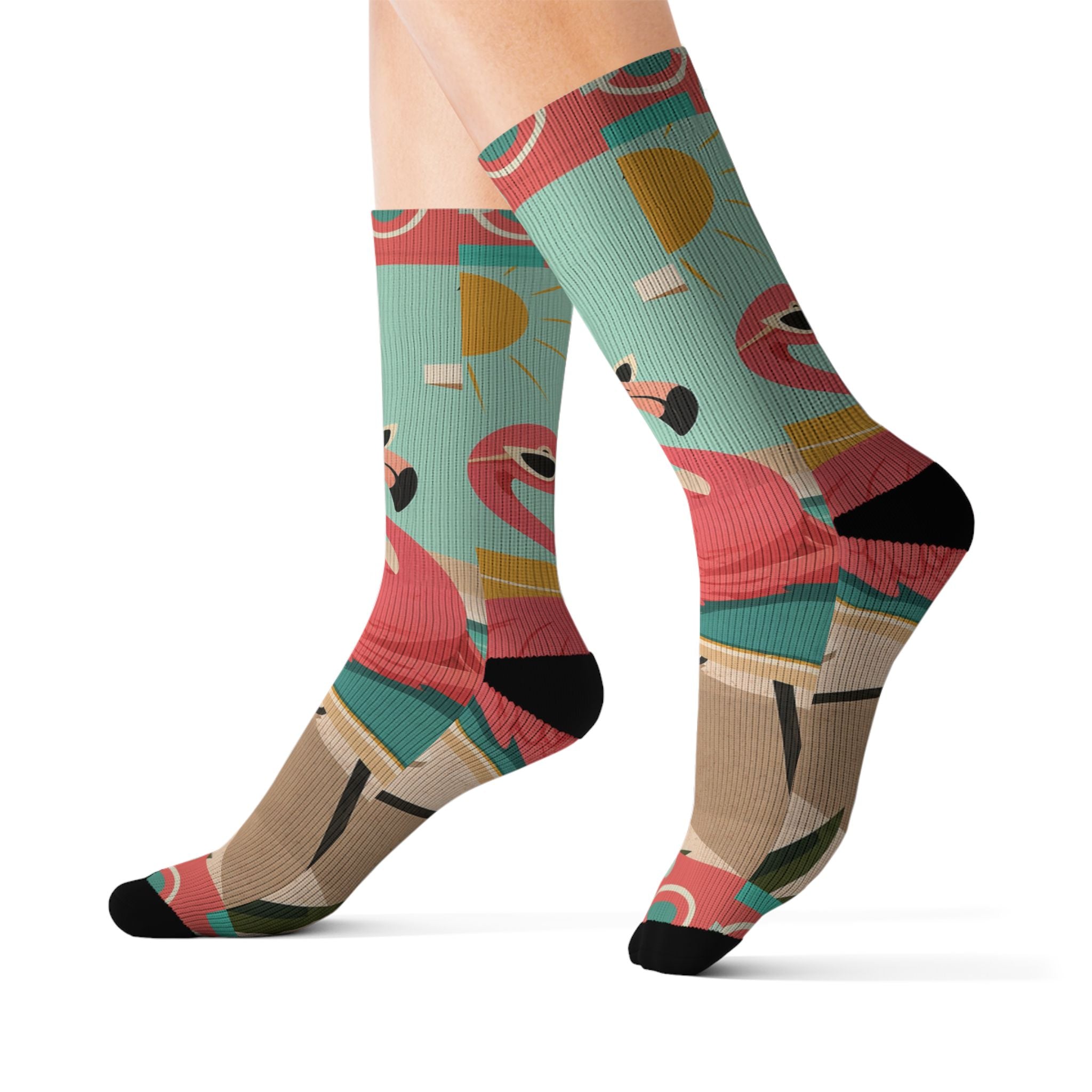 Tropical MCM Flamingo Socks | Sublimation Crew Socks, Summer Beach Pattern