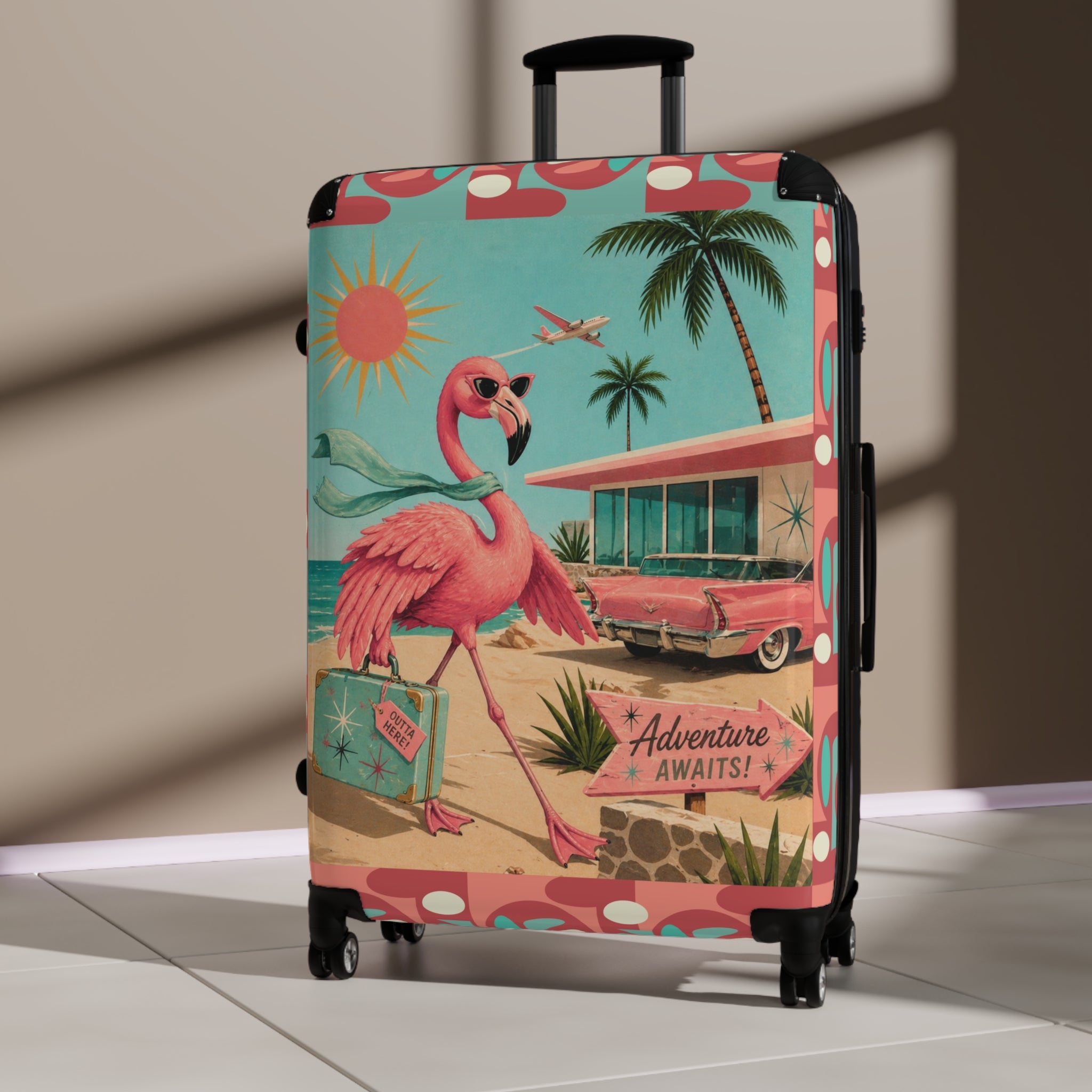 Retro MCM Flamingo fly away holiday Beach Scene Suitcase | Vintage Travel Print
