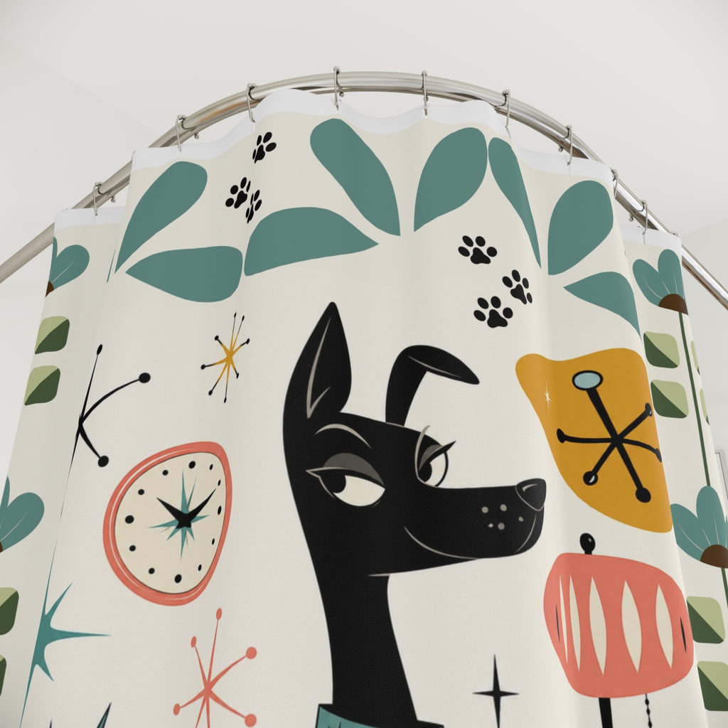 Mid Century Black Dog Shower Curtain | Retro Atomic Floral Shower Curtain