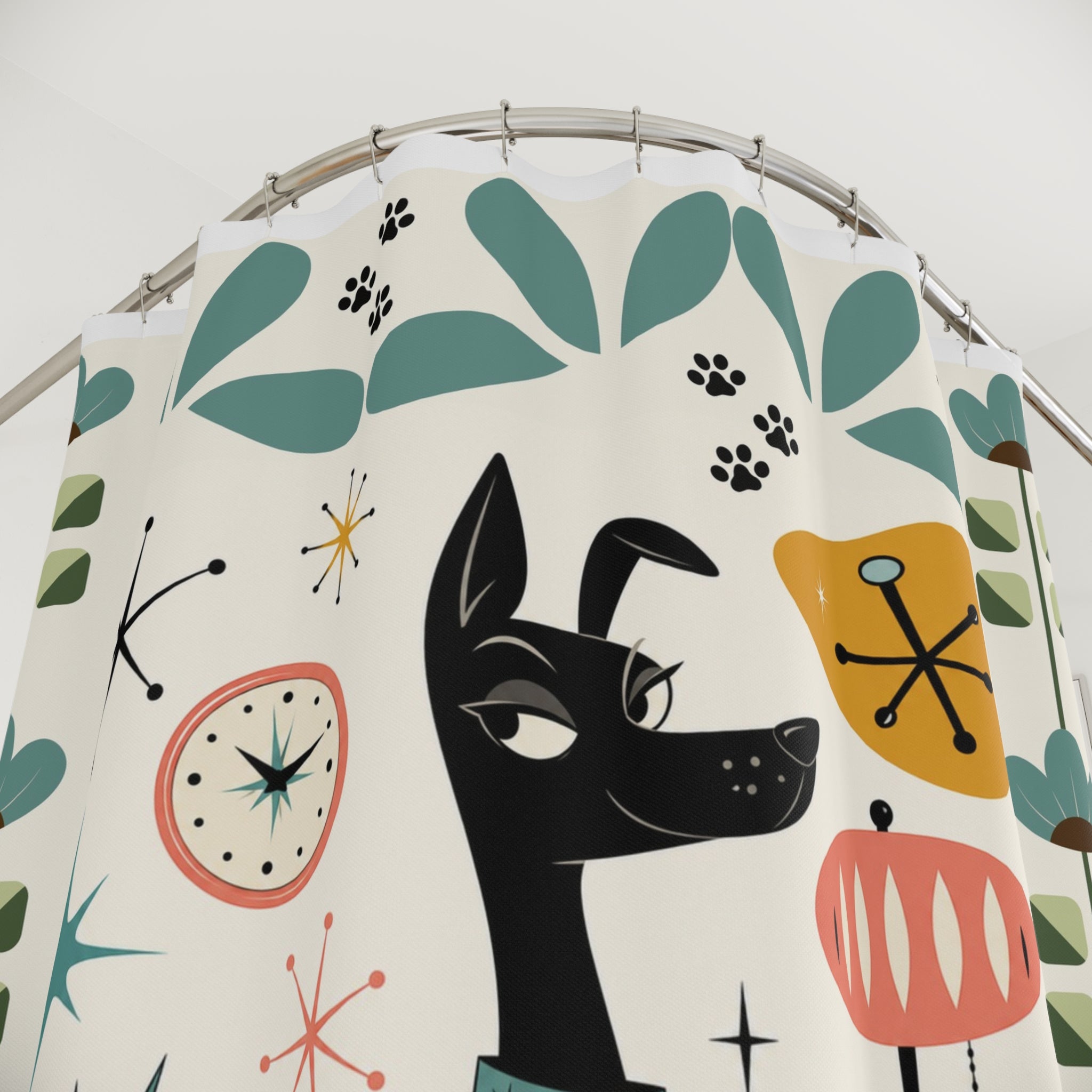 Mid Century Black Dog Shower Curtain | Retro Atomic Floral Shower Curtain