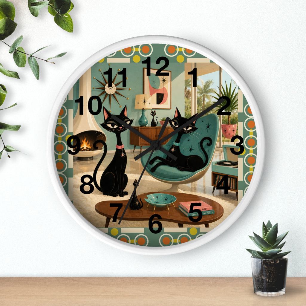 Mid Century Atomic Black Cats Wall Clock | Retro Living Room Decor