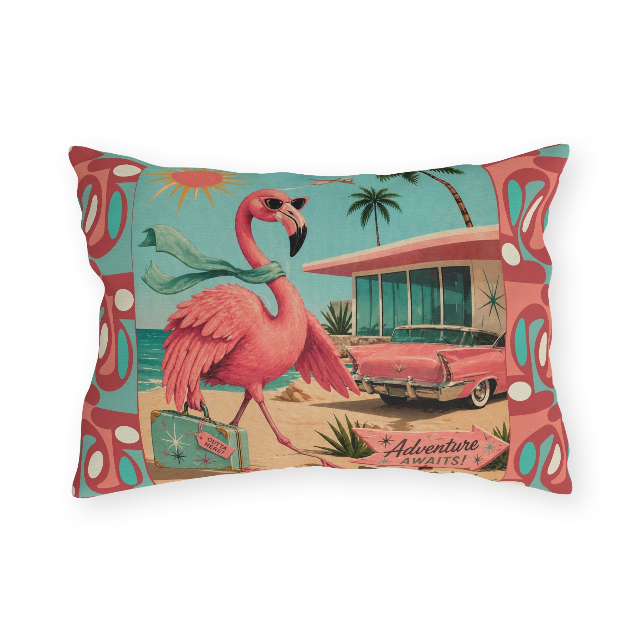 Retro Flamingo fly away Travel Illustration Outdoor Pillow | Mid Century Beach Adventure