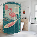 Retro Flamingo Surfing Shower Curtain | Mid Mod Tropical Beach Vibe