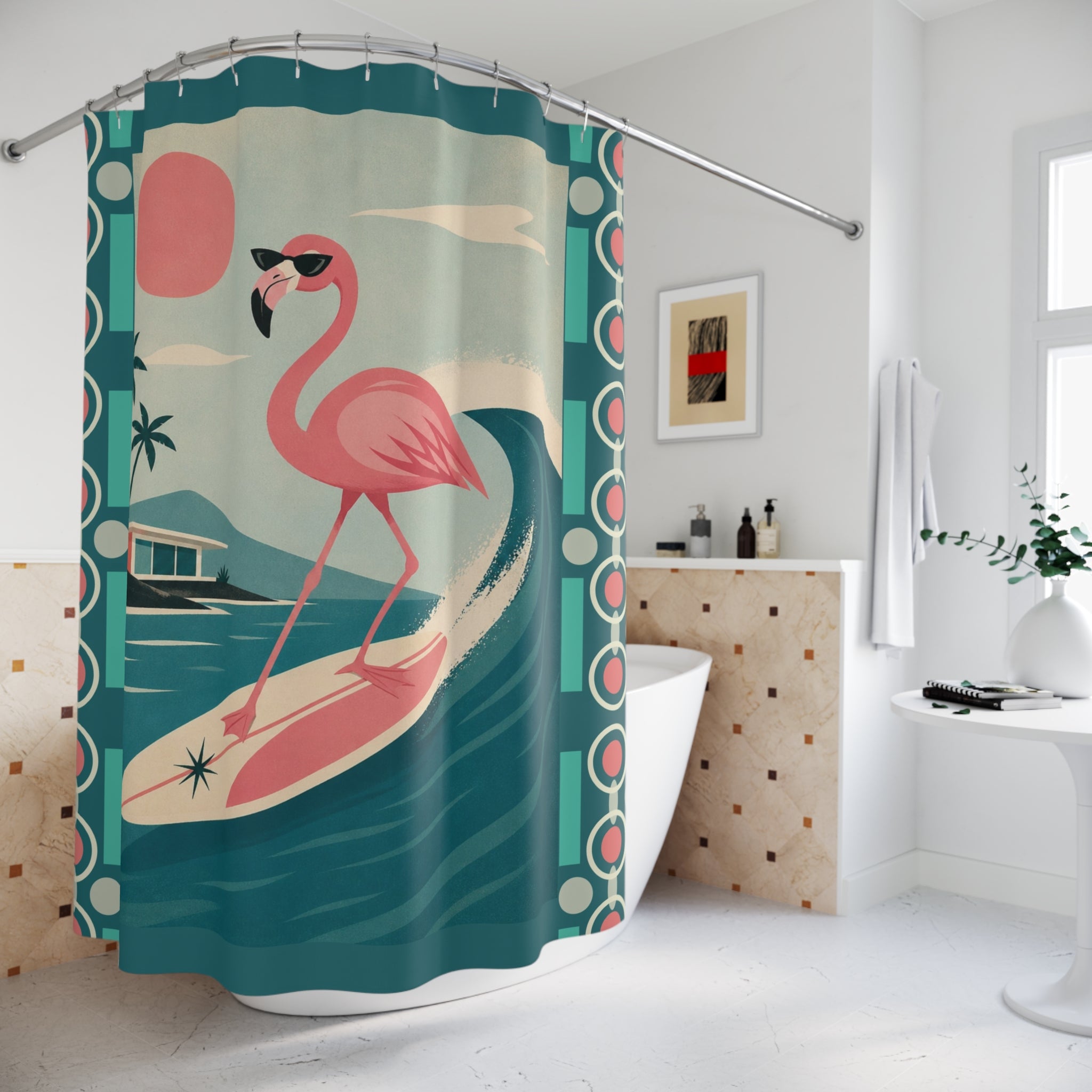 Retro Flamingo Surfing Shower Curtain | Mid Mod Tropical Beach Vibe