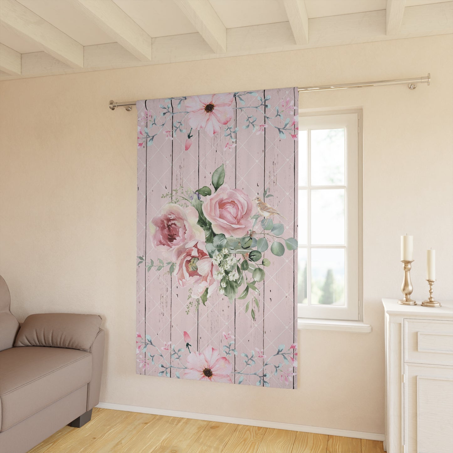 Floral blush pink with bird Window Curtains (1 Piece), living room bedroom decor, blackout curtain, "rustic woodgrain look"