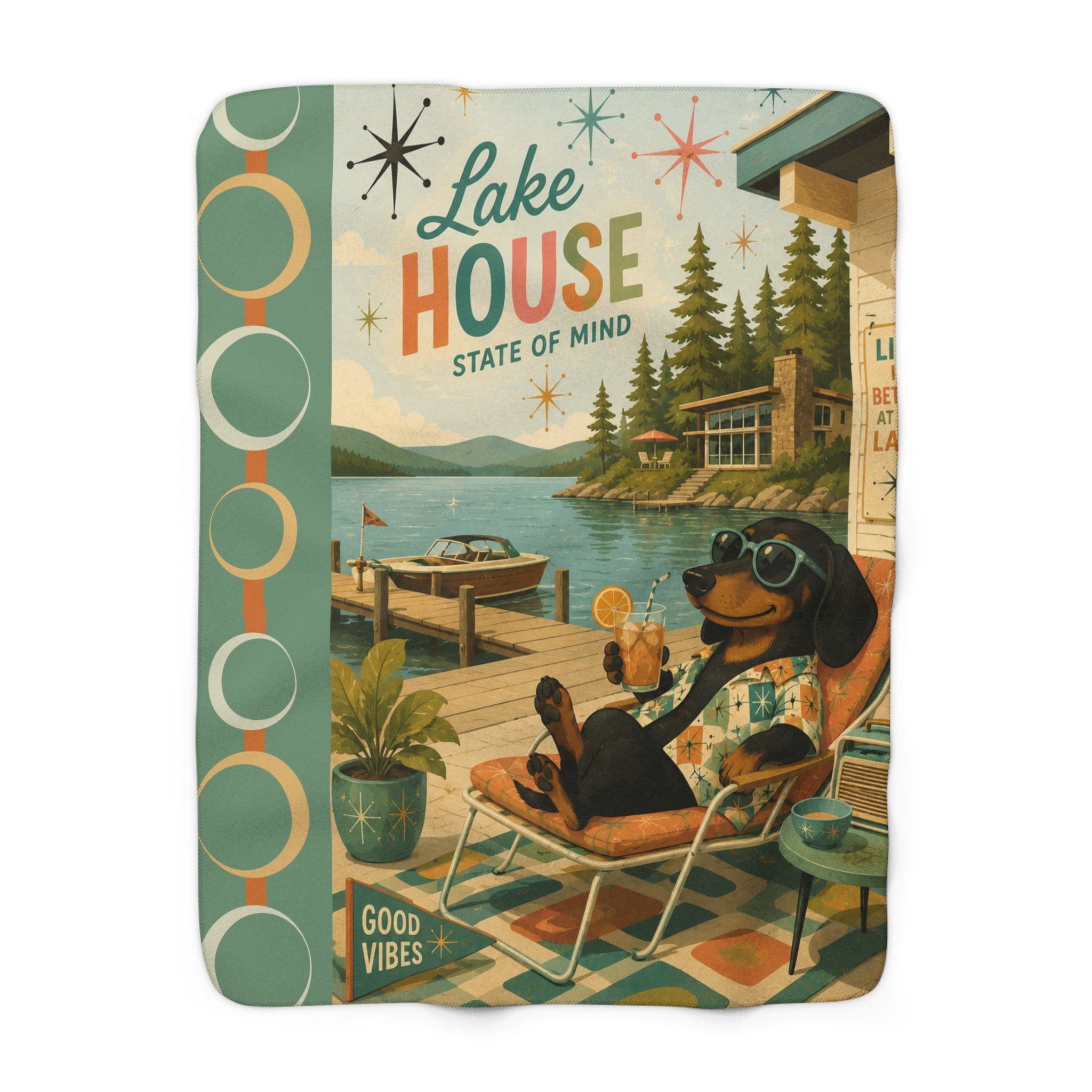 MCM Lake House State of Mind Sherpa Blanket | Retro Dachshund Lake Cabin Art
