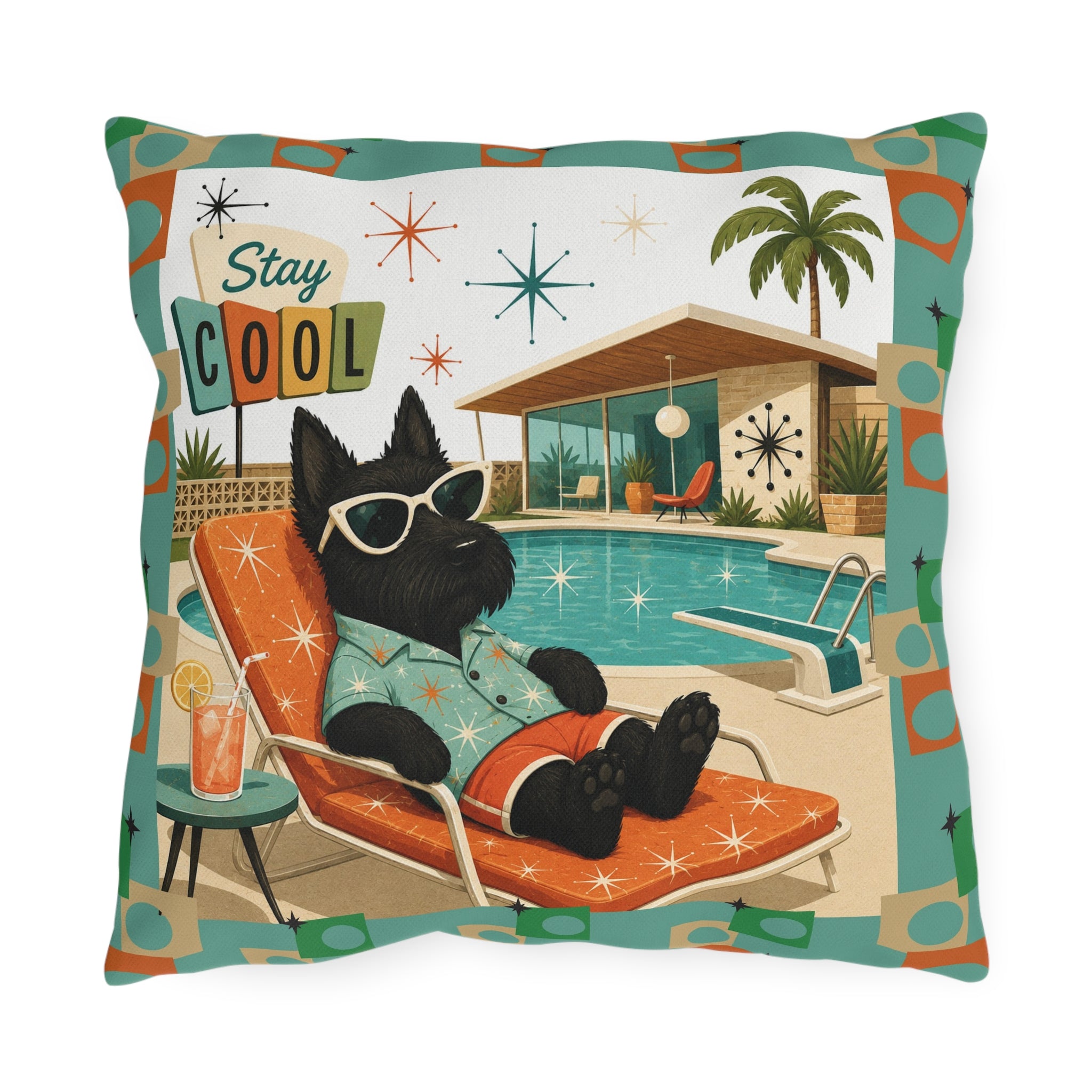 Retro Poolside Scottie Dog Stay Cool Outdoor Pillow | Mid Century Modern