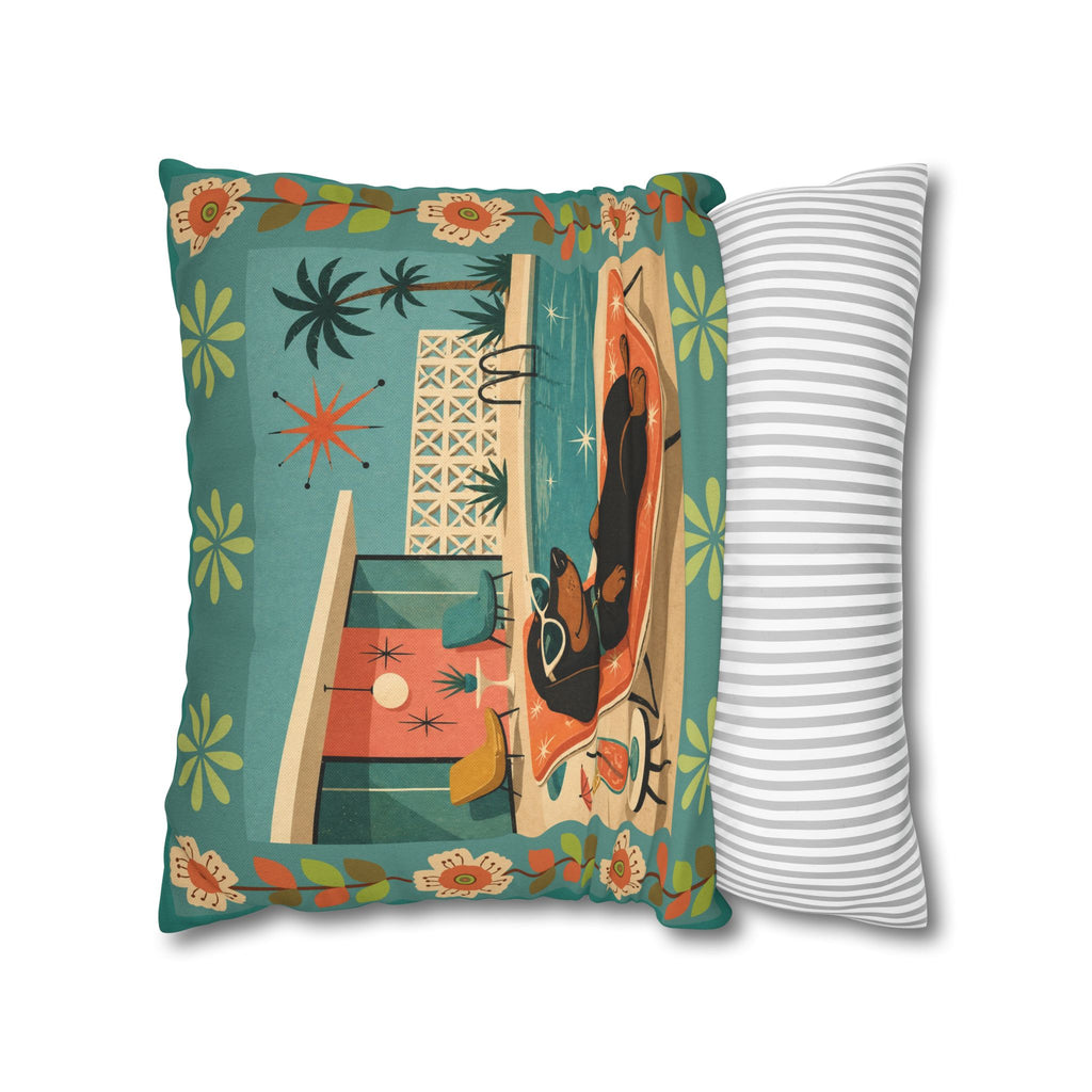 Retro Dachshund Pool Lounge Pillowcase | Square Pillowcase - COVER ONLY - Indoor Use