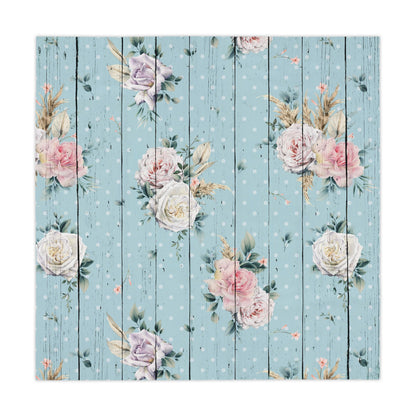 Blue with vintage pink roses on a wood grain look shabby chic style dining room tablecloth