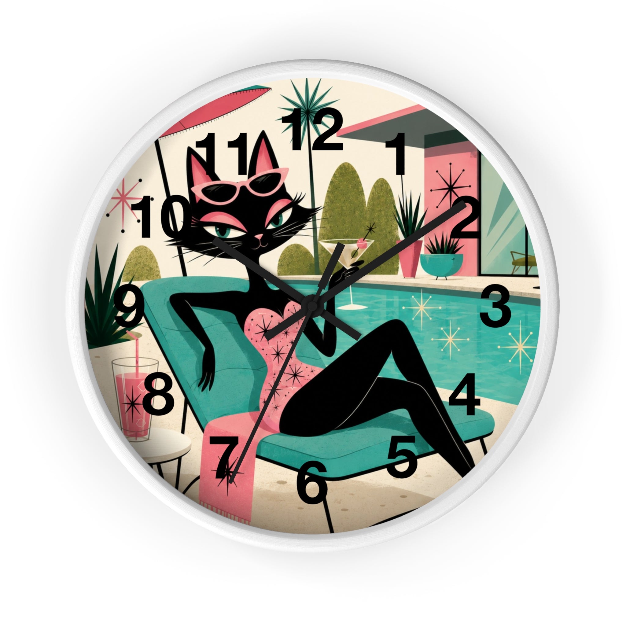 Retro Atomic Cat Lounge Wall Clock | Mid Century Modern Poolside Cat Art