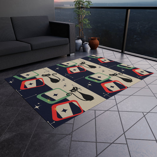 Atomic cat red blue green shapes MCM Outdoor Rug, Mid Mod Porch patio mat, retro mancave, garage rug, entertainment area rug