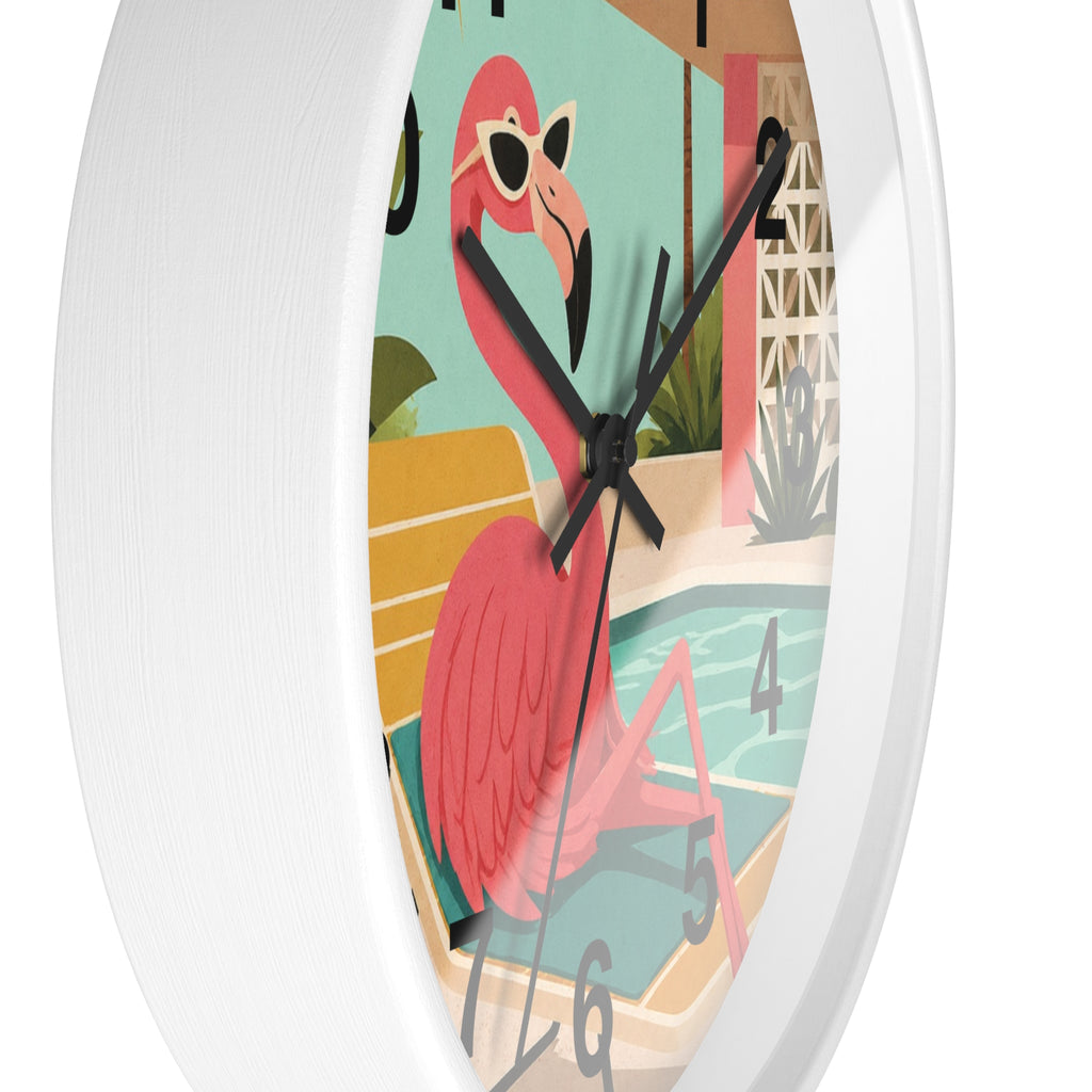 Retro Flamingo Poolside Wall Clock | Mid Century Tropical Illustration