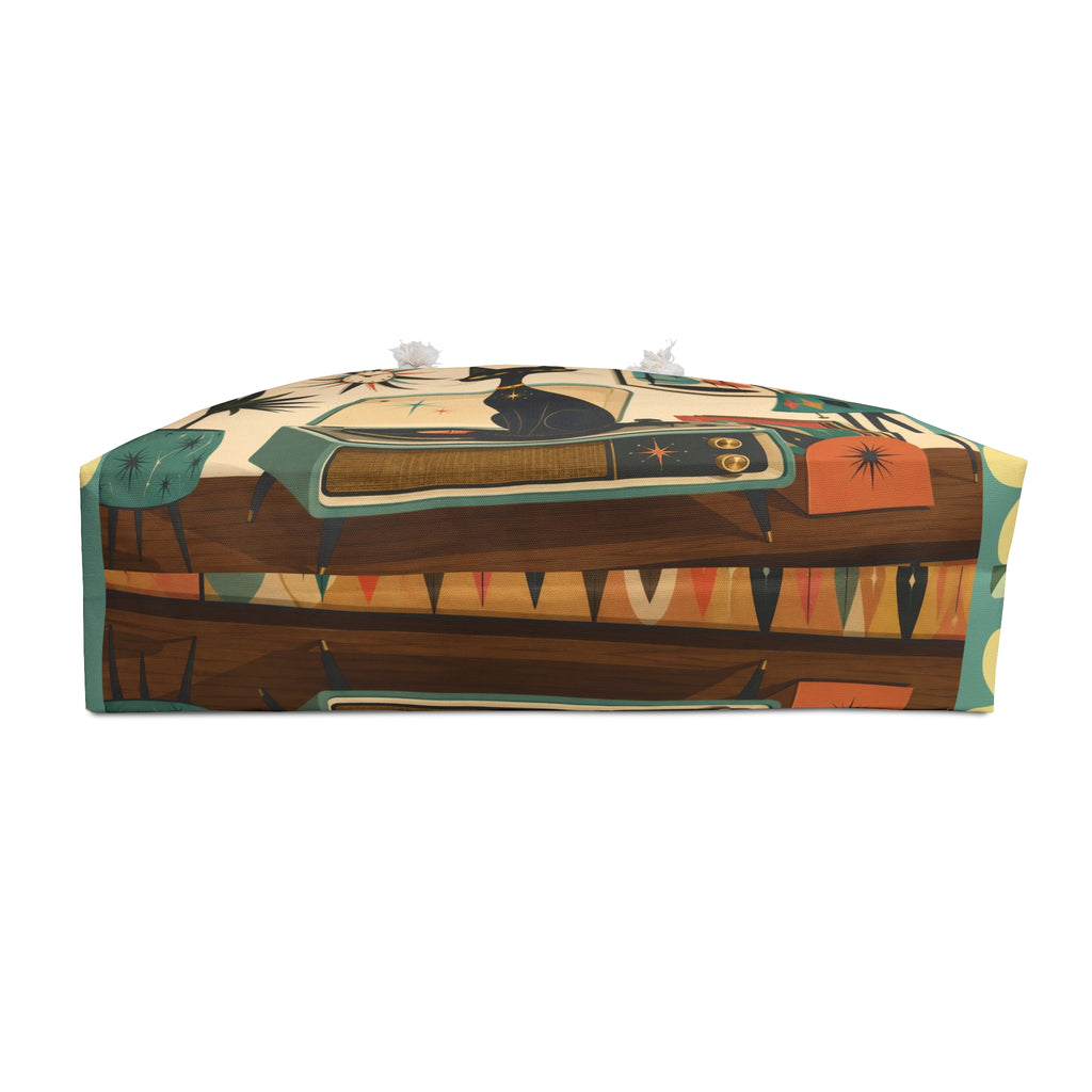 Mid Century Atomic Black Cat Record Player Weekender Bag | Retro Atomic Home Decor