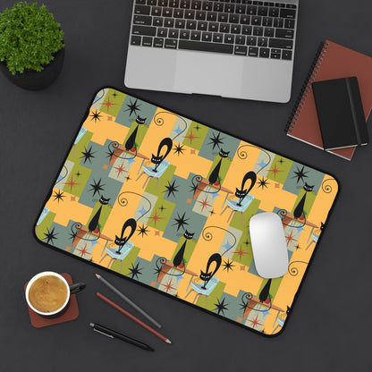 Atomic cat retro inspired Desk Mat, black cat lover, work from home, office decor, computer mousepad