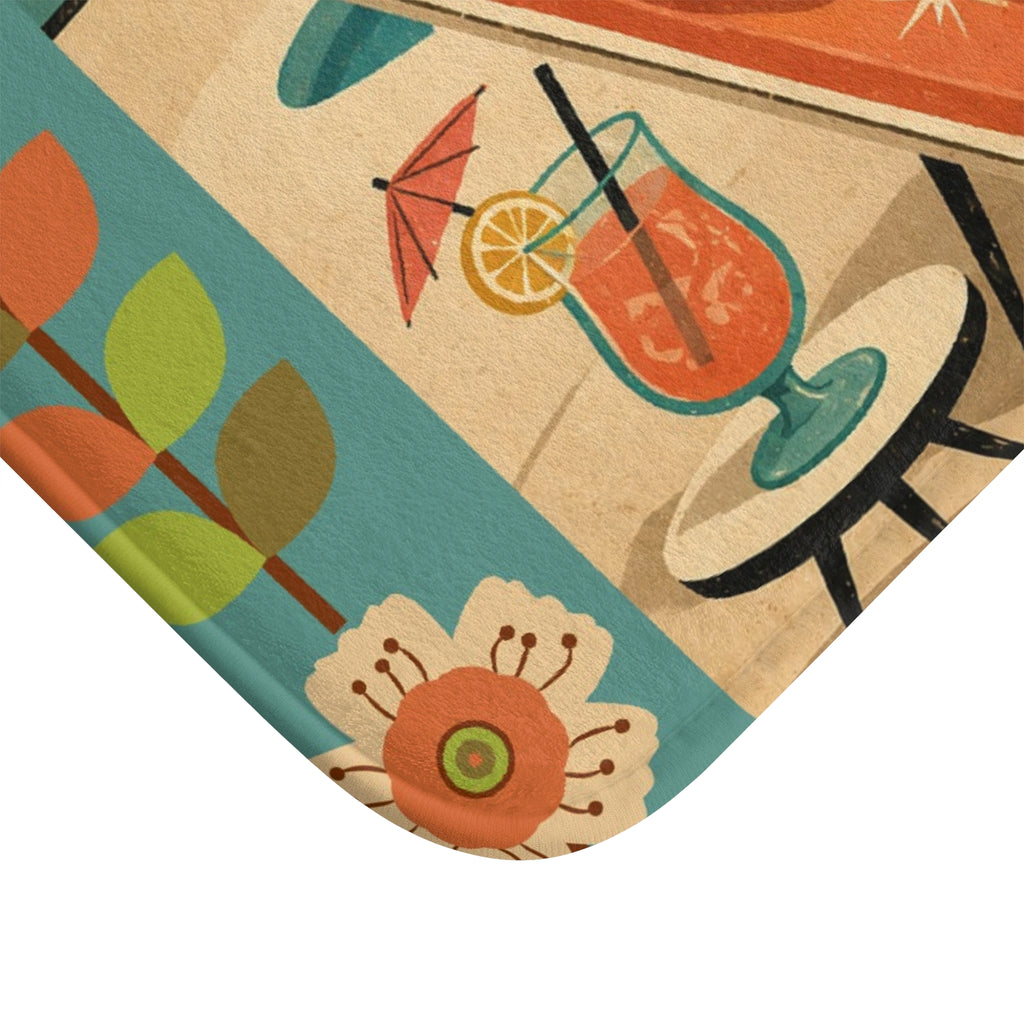 Dachshund Poolside Retro Illustration Bath Mat | Mid Century Tropical Vibe