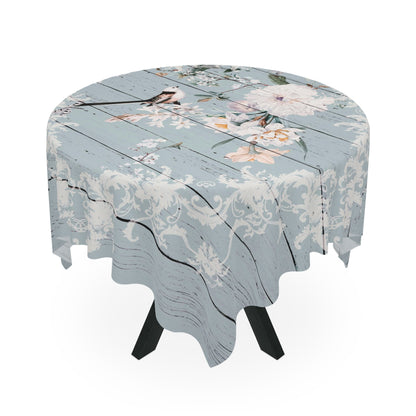 Blooms and Feathered Friends: Shabby Chic Pale Blue wood look Tablecloth with Floral Delights