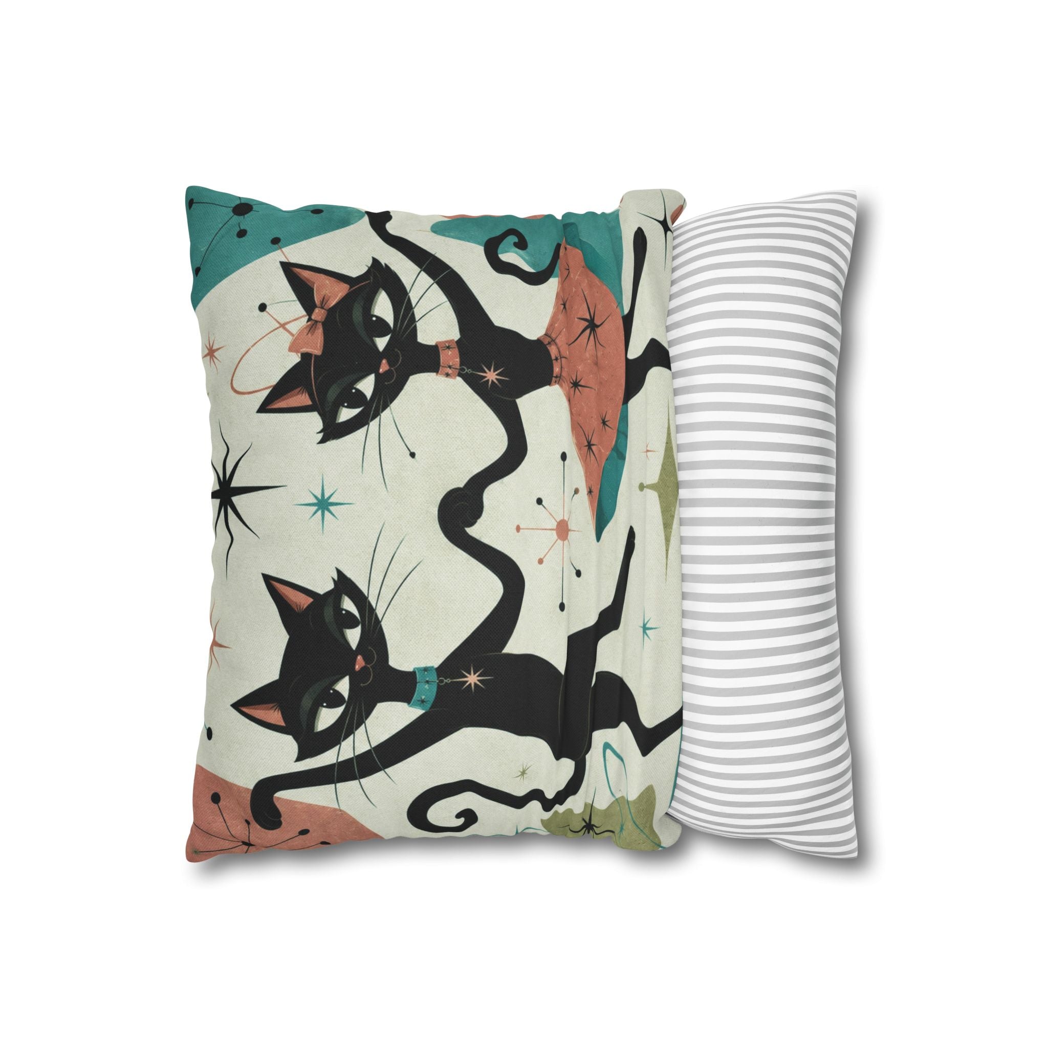 Dancing Retro Atomic Black Cats Pillowcase | Square Throw Pillowcase - COVER ONLY