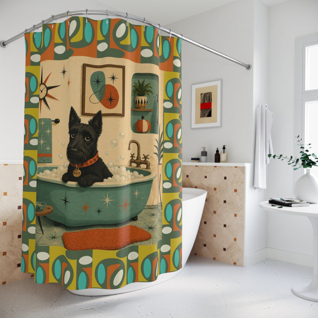 Scottish Terrier Bath Scene Shower Curtain | Mid Century Retro Bathroom