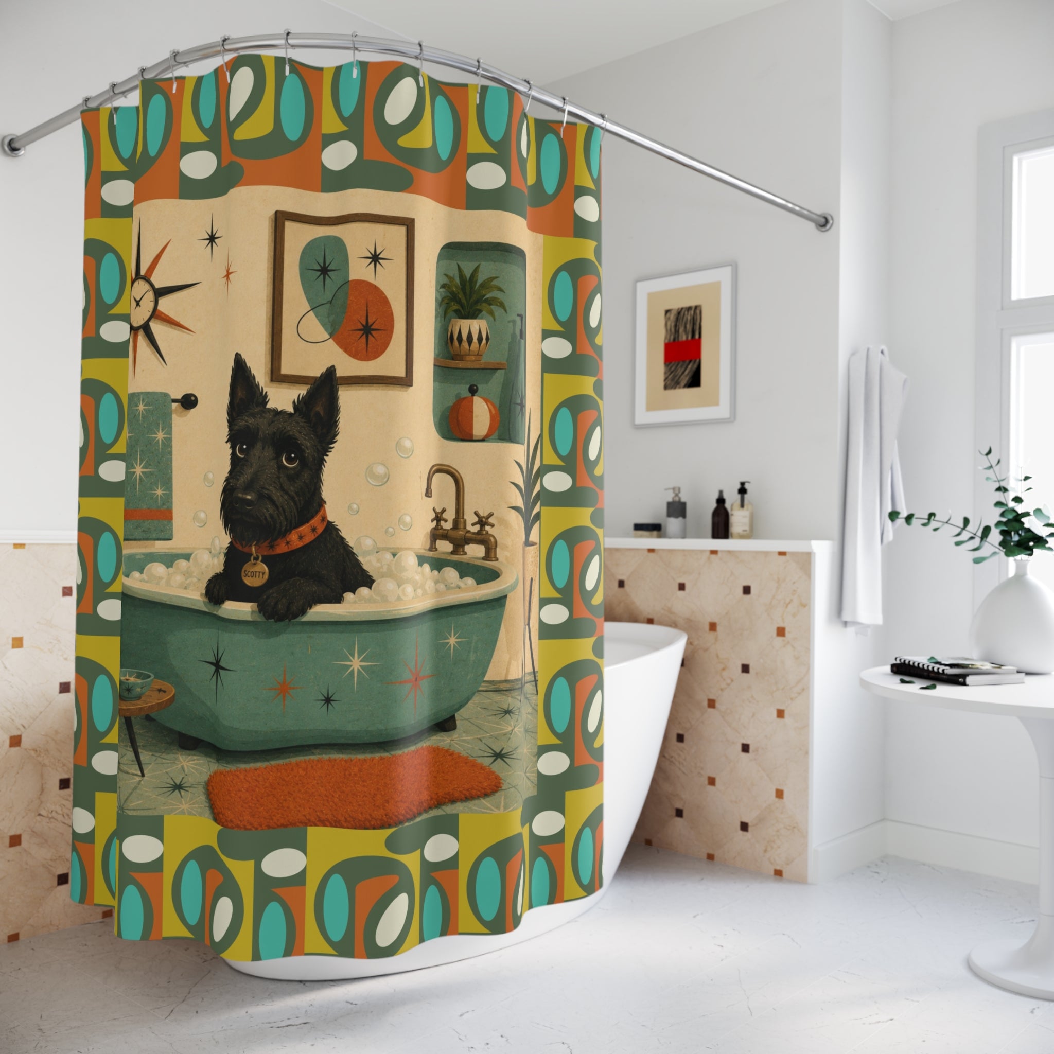 Scottish Terrier Bath Scene Shower Curtain | Mid Century Retro Bathroom