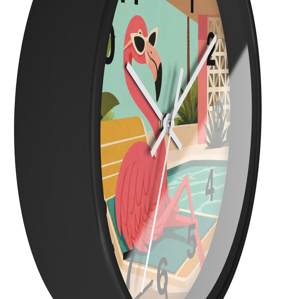 Retro Flamingo Poolside Wall Clock | Mid Century Tropical Illustration
