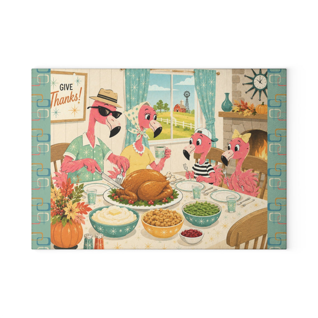 MCM Flamingo Family Thanksgiving Glass Cutting Board | Holiday Kitchen Decor