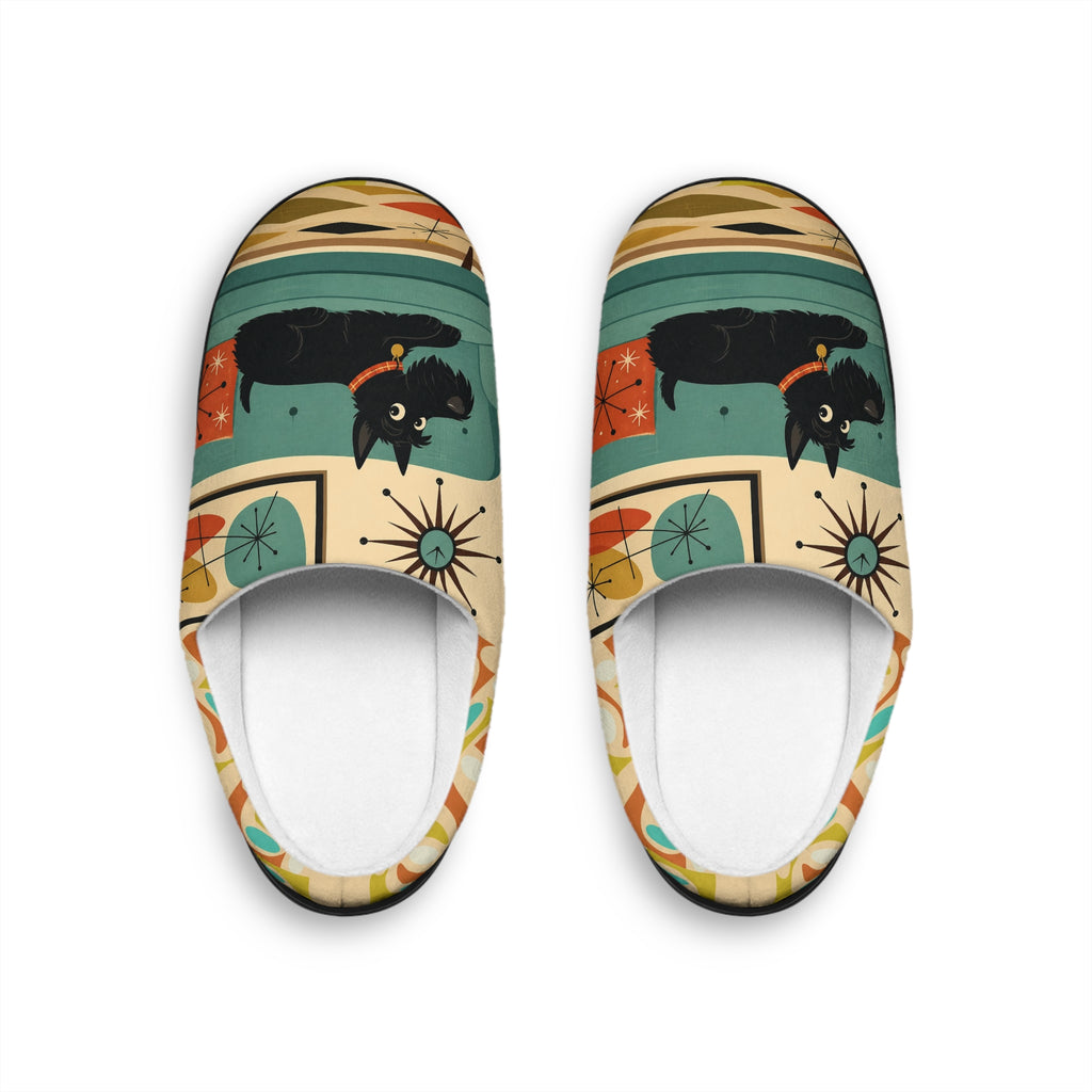 Mid-Century Black Cat Pattern Slippers | Indoor Cozy Slip-Ons