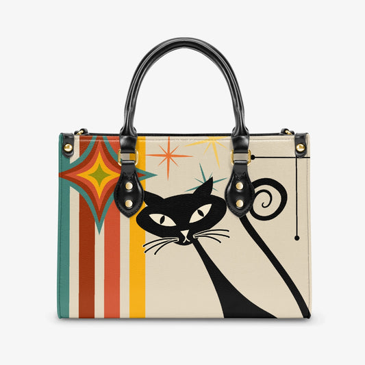 Atomic cat retro stripes handbag Tote Bag, MCM shoulder bag, Mid Century Modern, black cat lover gift