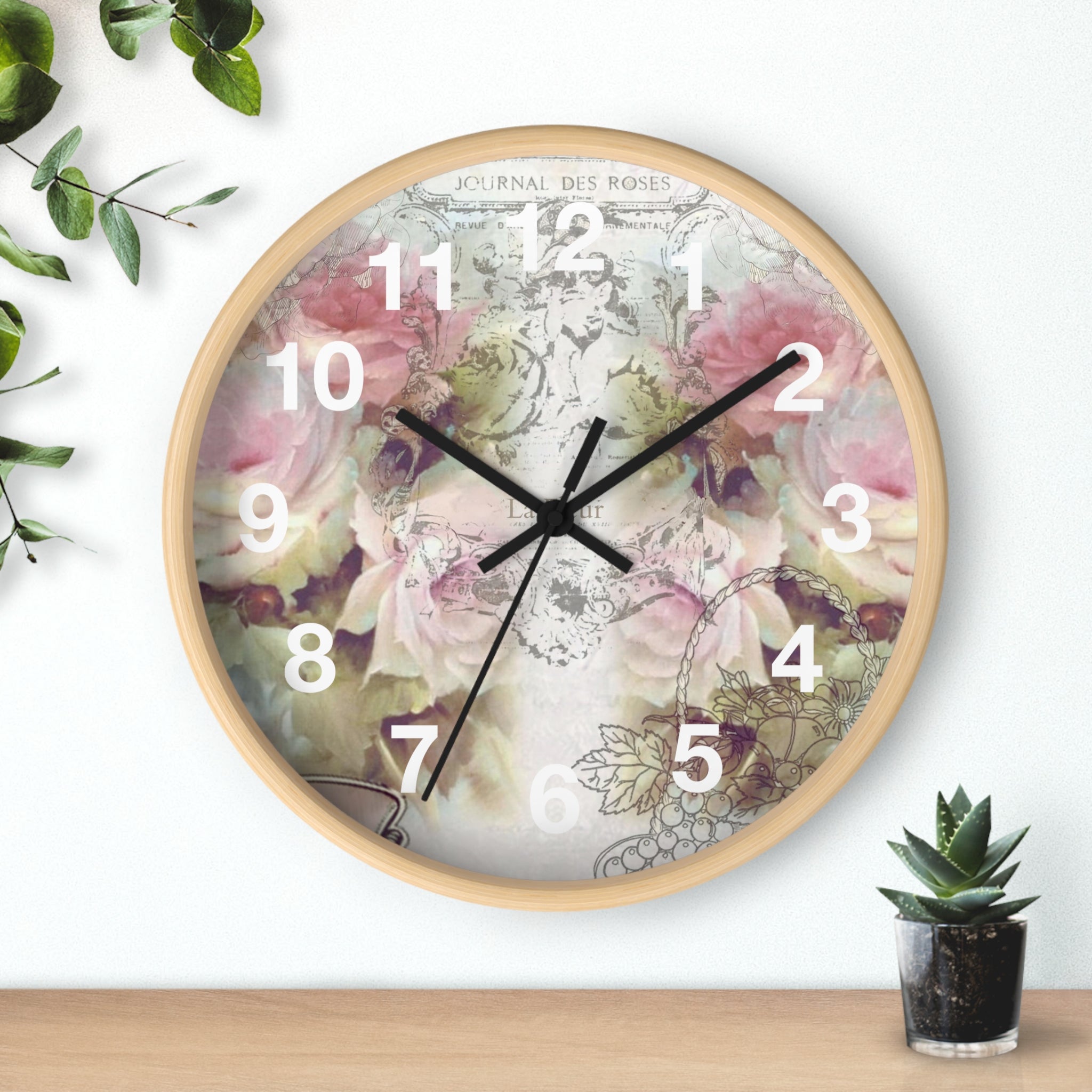 Shabby chic, pink roses, floral Wall clock