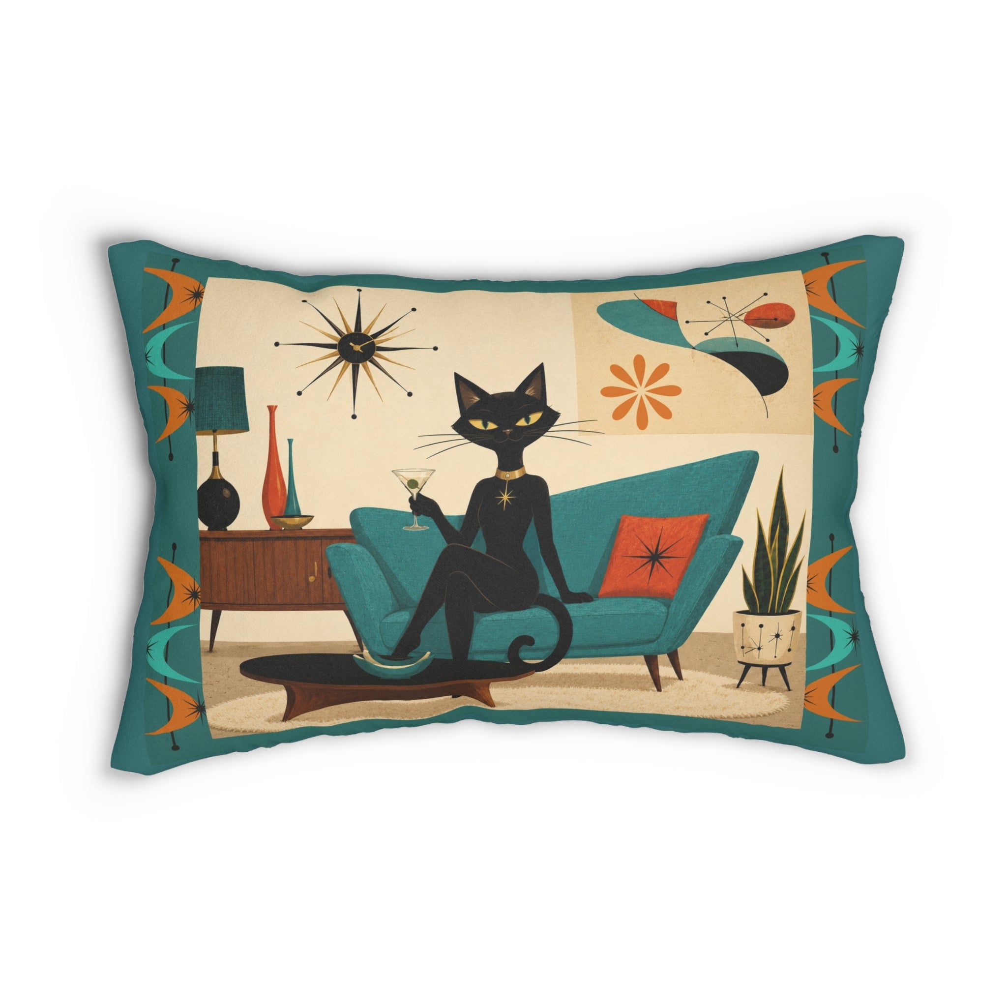 Mid Century Atomic Cat Lounge Lumbar Pillow | Retro Atomic Living Room