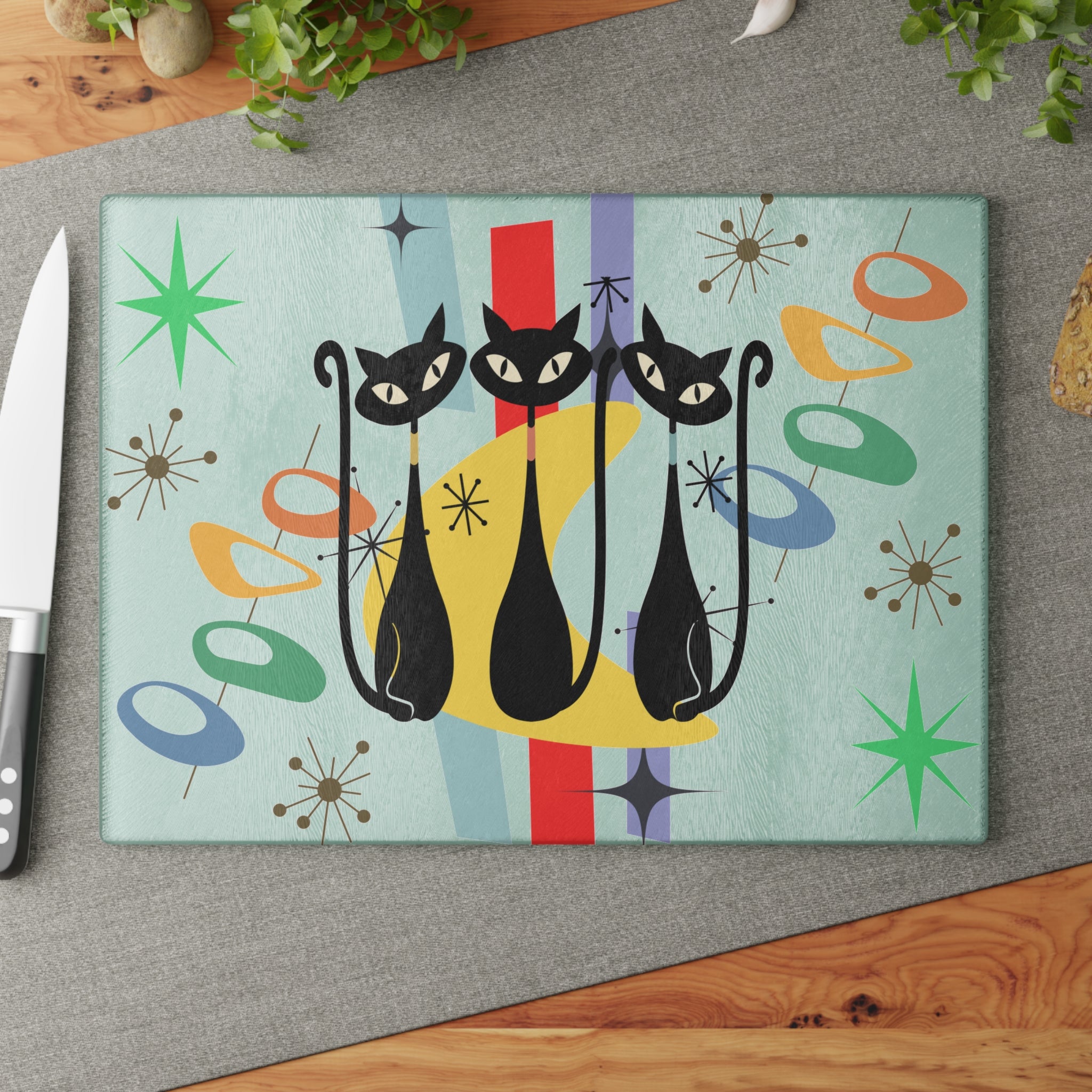Mid-Century Retro Cats Glass Cutting Board – Vintage Atomic Deco Kitchen Decor